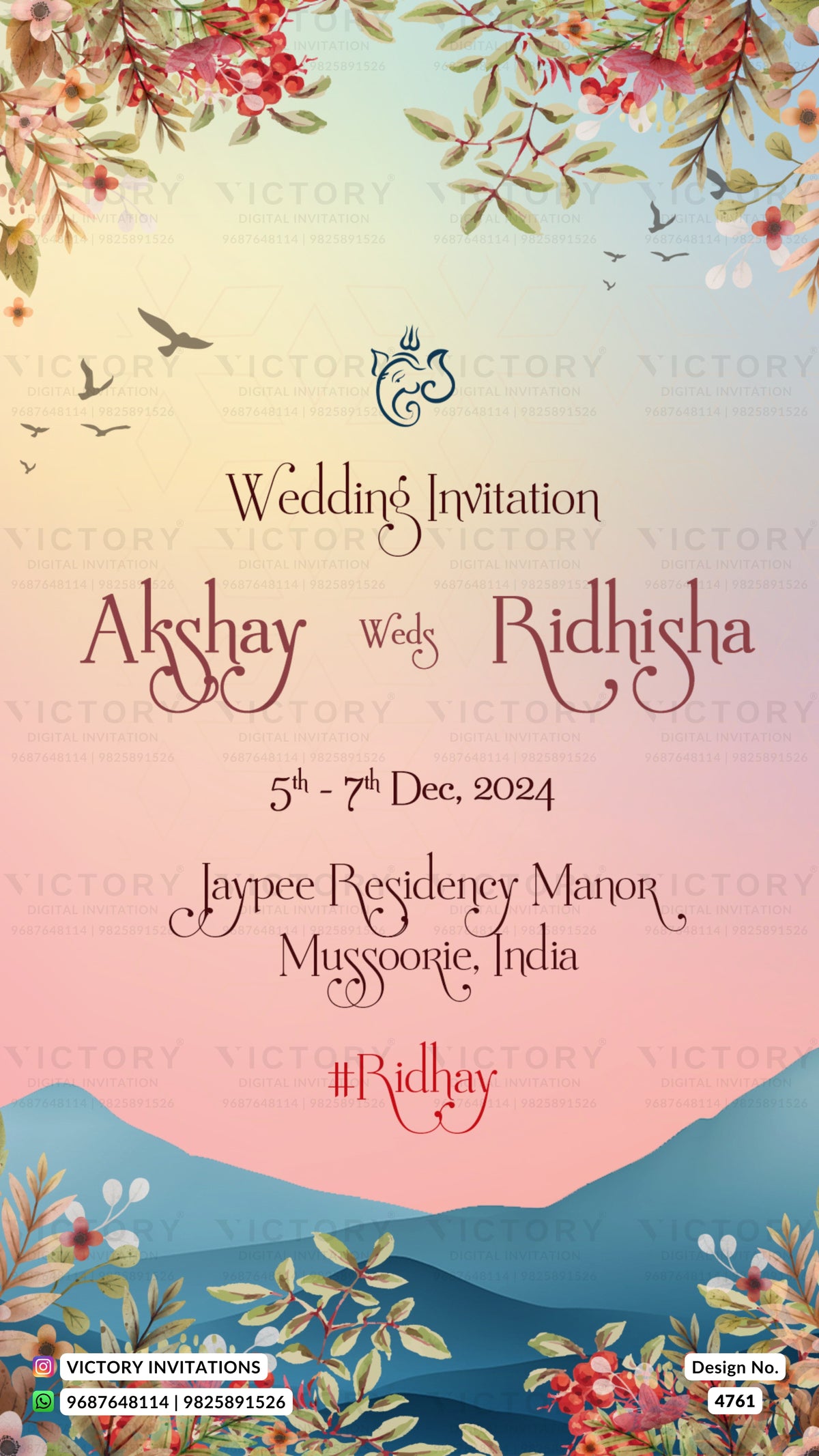 A digital wedding invitation card design with a pastel gradient background transitioning from light blue to soft pink. The card features watercolor floral arrangements at the top and bottom, birds in the sky, and blue mountain silhouettes at the bottom.