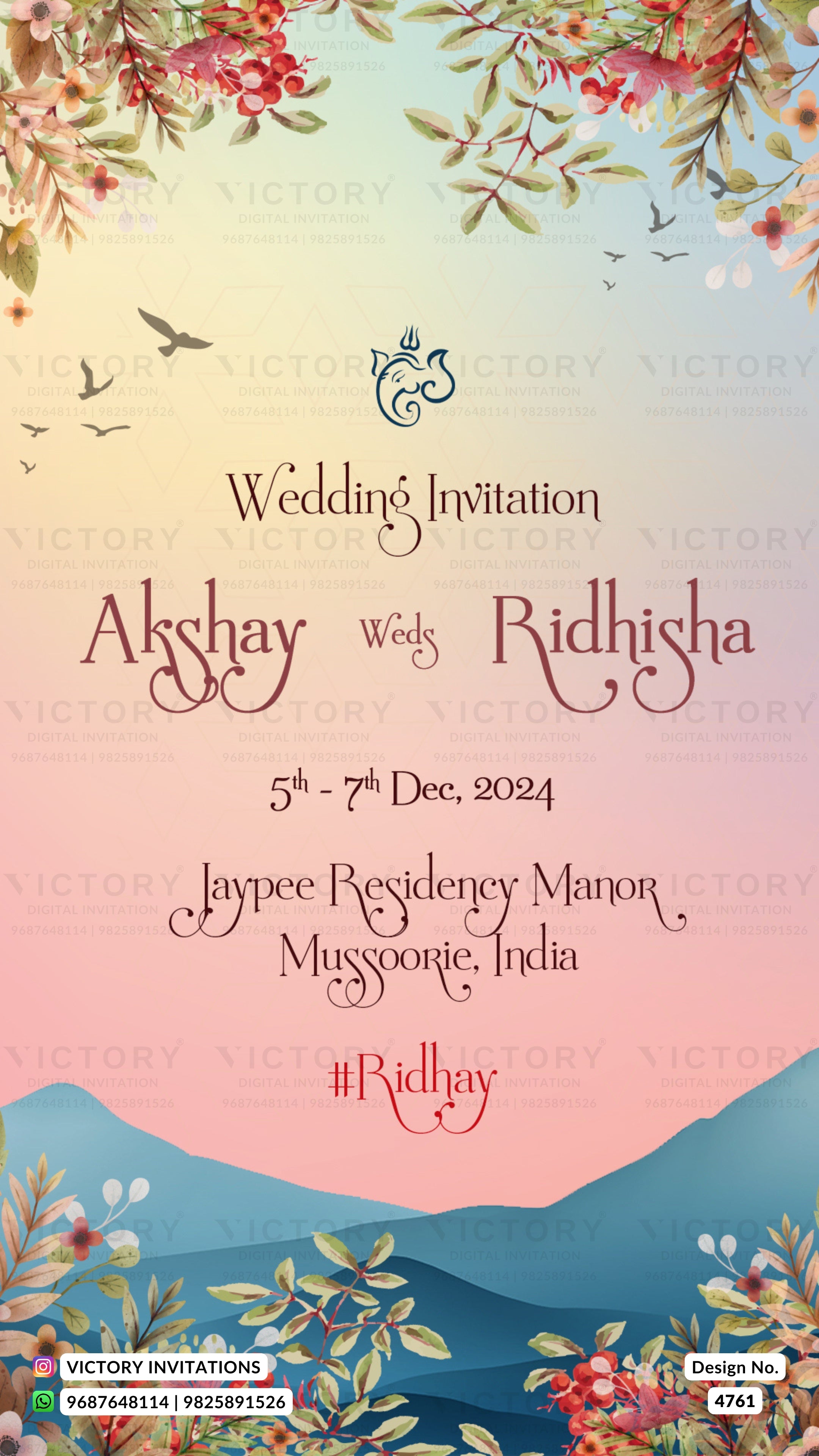 A digital wedding invitation card design with a pastel gradient background transitioning from light blue to soft pink. The card features watercolor floral arrangements at the top and bottom, birds in the sky, and blue mountain silhouettes at the bottom.