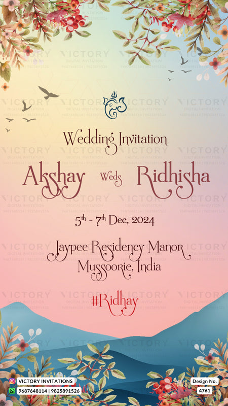 A digital wedding invitation card design with a pastel gradient background transitioning from light blue to soft pink. The card features watercolor floral arrangements at the top and bottom, birds in the sky, and blue mountain silhouettes at the bottom.