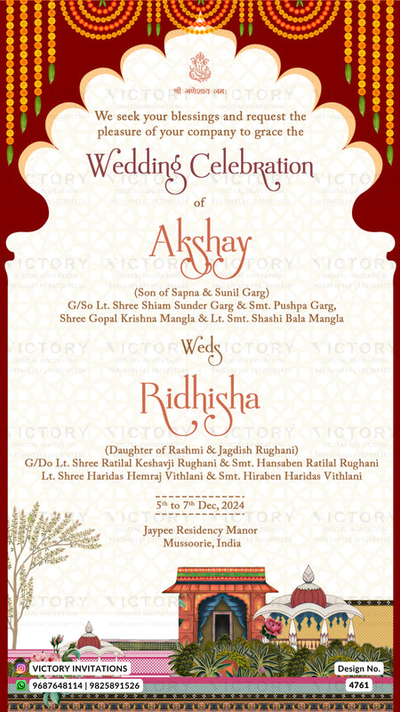 A digital wedding invitation card template featuring a traditional Indian design with a red and gold marigold border, a cream central panel with elegant typography, and a small illustration of a temple and house at the bottom.