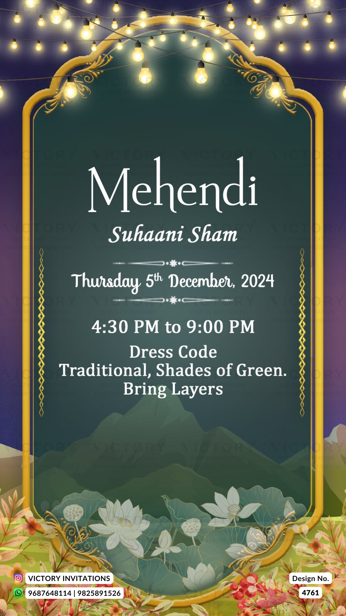 A digital invitation card for a Mehndi Suhaani Sham event, featuring a dark green central panel with white text, a gold ornate border, and festive Indian decorative elements including hanging string lights, mountains, lotus flowers, and marigold flowers.