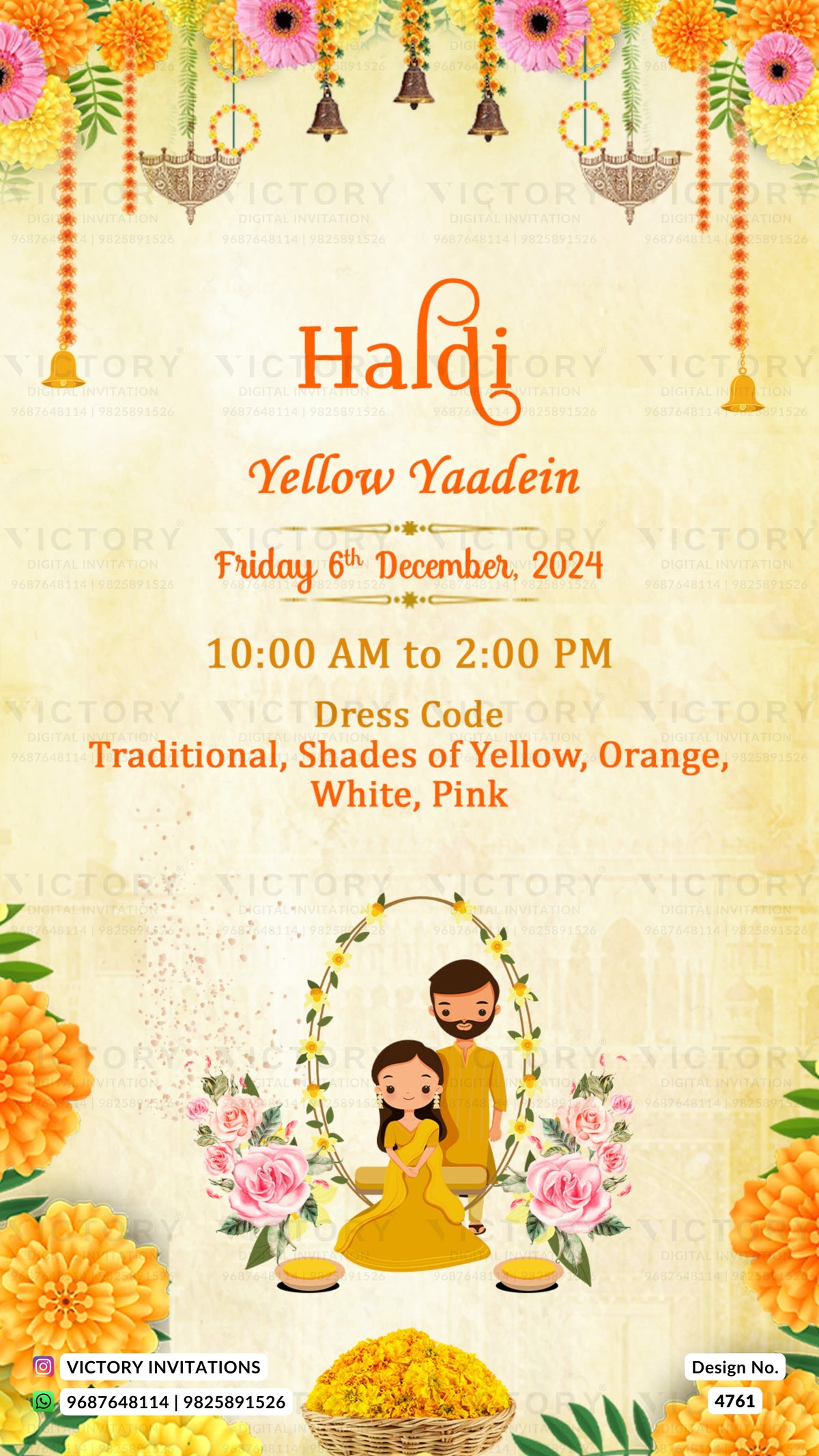 A festive Haldi Yellow Yaadein invitation card design with traditional Indian decorative elements, text details, and cartoon illustrations of a couple in yellow attire surrounded by marigolds and flowers.