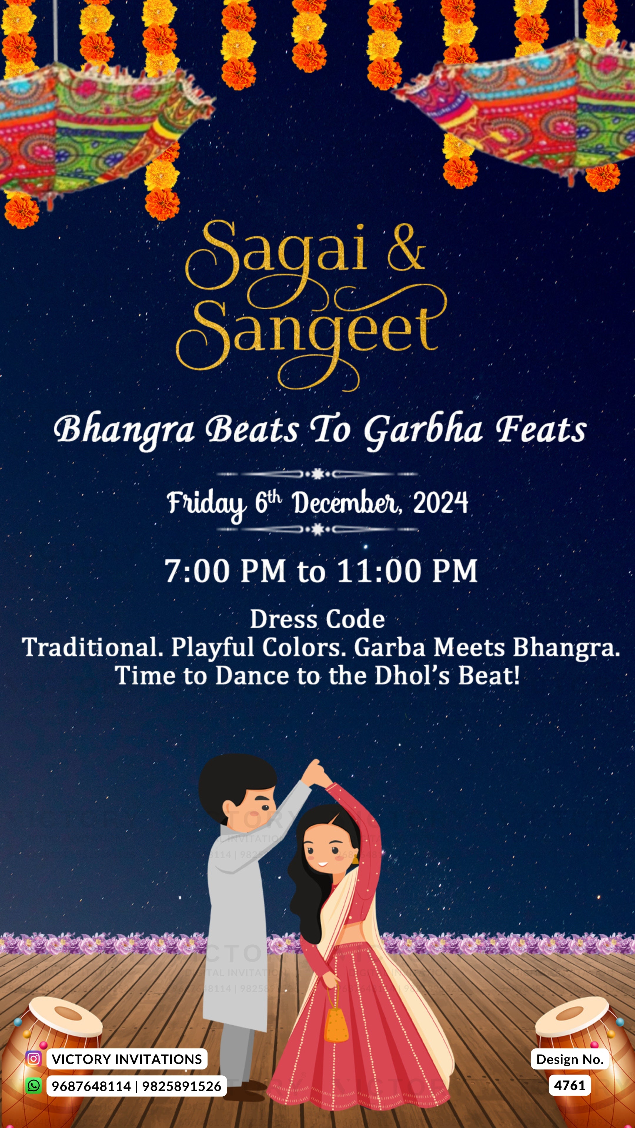 A festive invitation card design for a 'Saga & Sangeet' event, featuring a dark navy blue starry night background with marigold garlands, stylized text, and an illustration of a couple dancing in traditional Indian attire at the bottom.