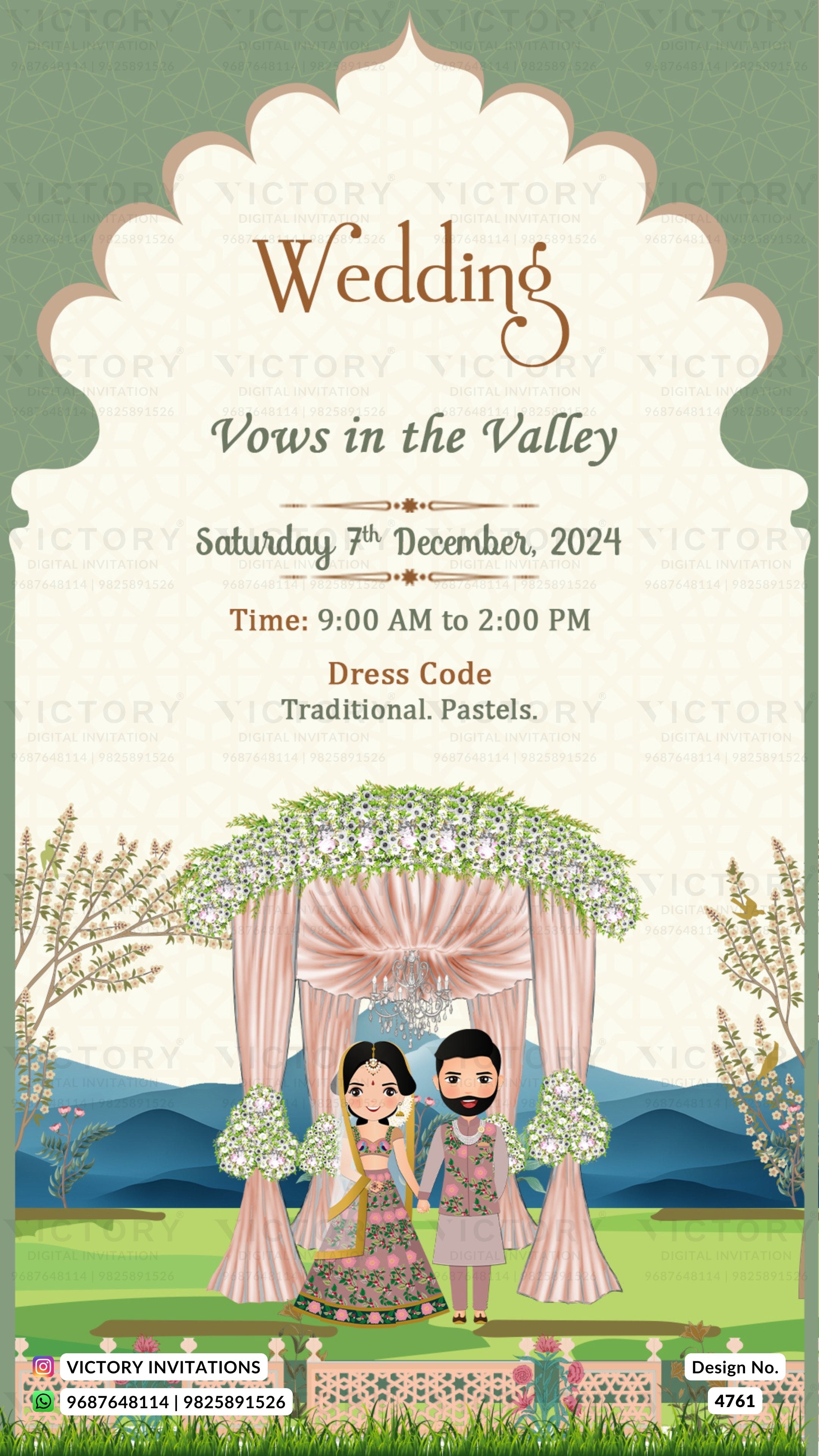 A digital preview of a traditional Indian wedding invitation card featuring a green and cream color scheme, with an illustration of a bride and groom under a floral archway.