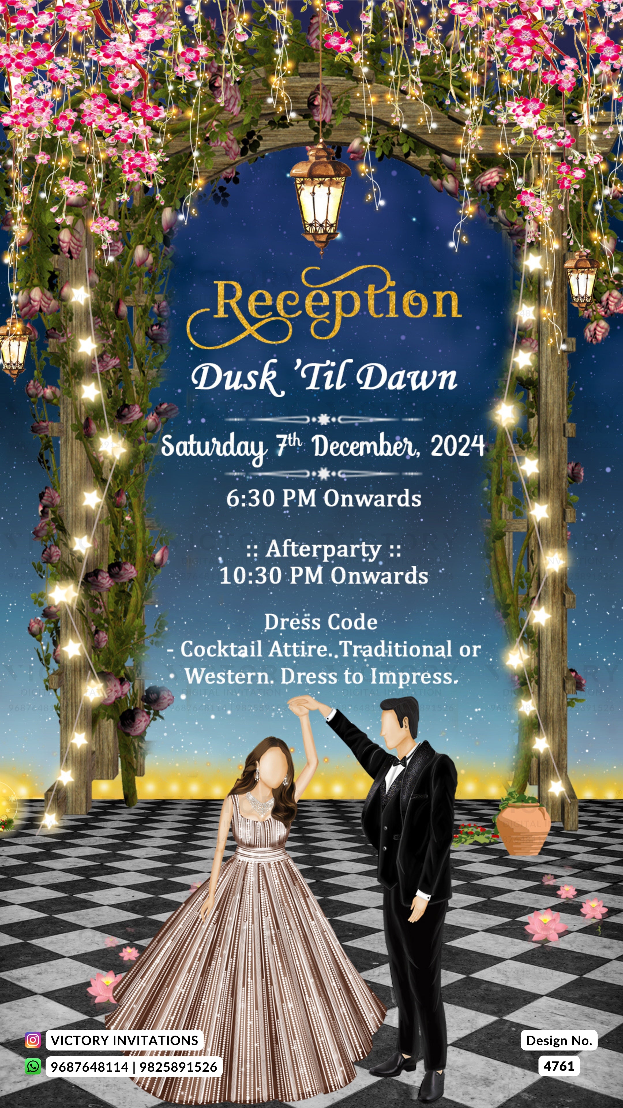 A digital invitation card for a reception event, featuring a dark blue central panel with gold text, an arched floral gateway with hanging lanterns, and a couple dancing on a black-and-white checkered floor.