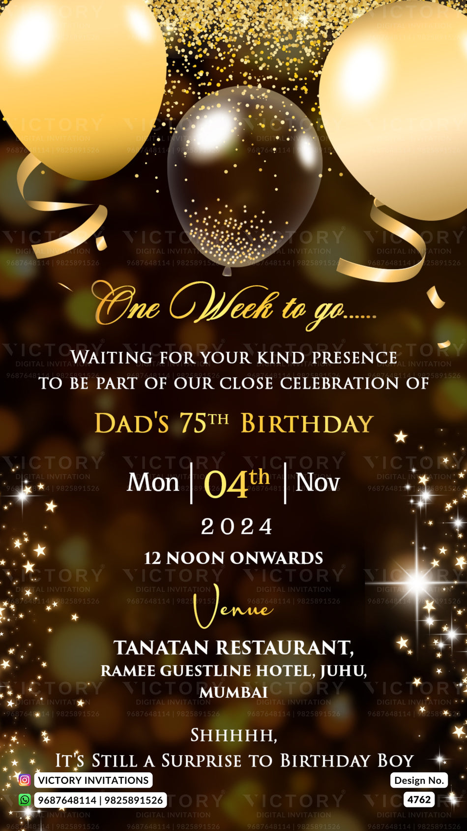 A digital birthday invitation template for a 75th birthday celebration, featuring a dark gold background with gold balloons, glittering confetti, and elegant gold typography.