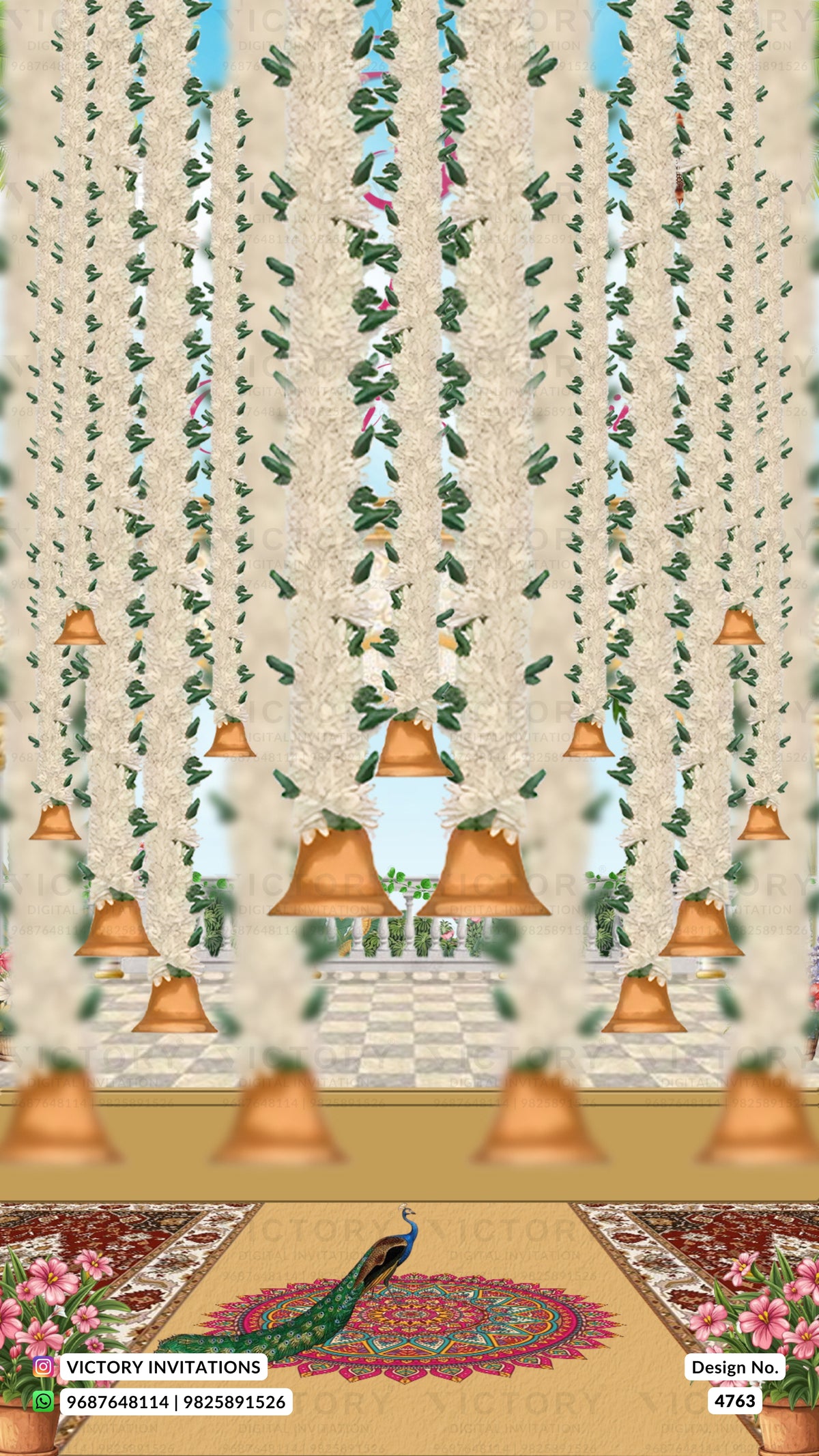 A digital preview of a vertical wedding invitation design featuring hanging peach-colored bell-shaped garlands, green leafy vines, a peacock at the bottom, and ornate patterned carpets.
