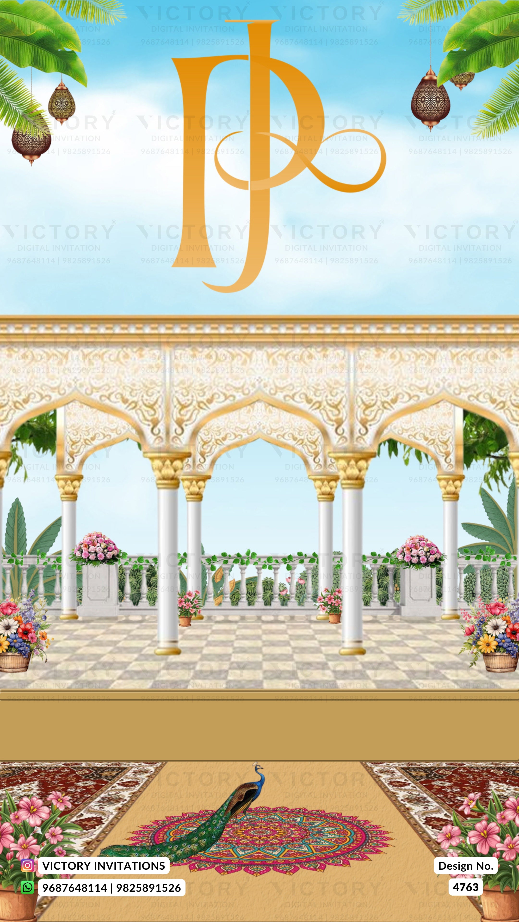 A decorative wedding invitation or poster design featuring a grand arched pavilion with white pillars and gold detailing, a blue sky background, tropical palm leaves, hanging ornaments, patterned rugs, and a peacock at the bottom. Large stylized gold letters 'VP' appear at the top, and 'Victory Invitations' watermarks and contact text are visible.