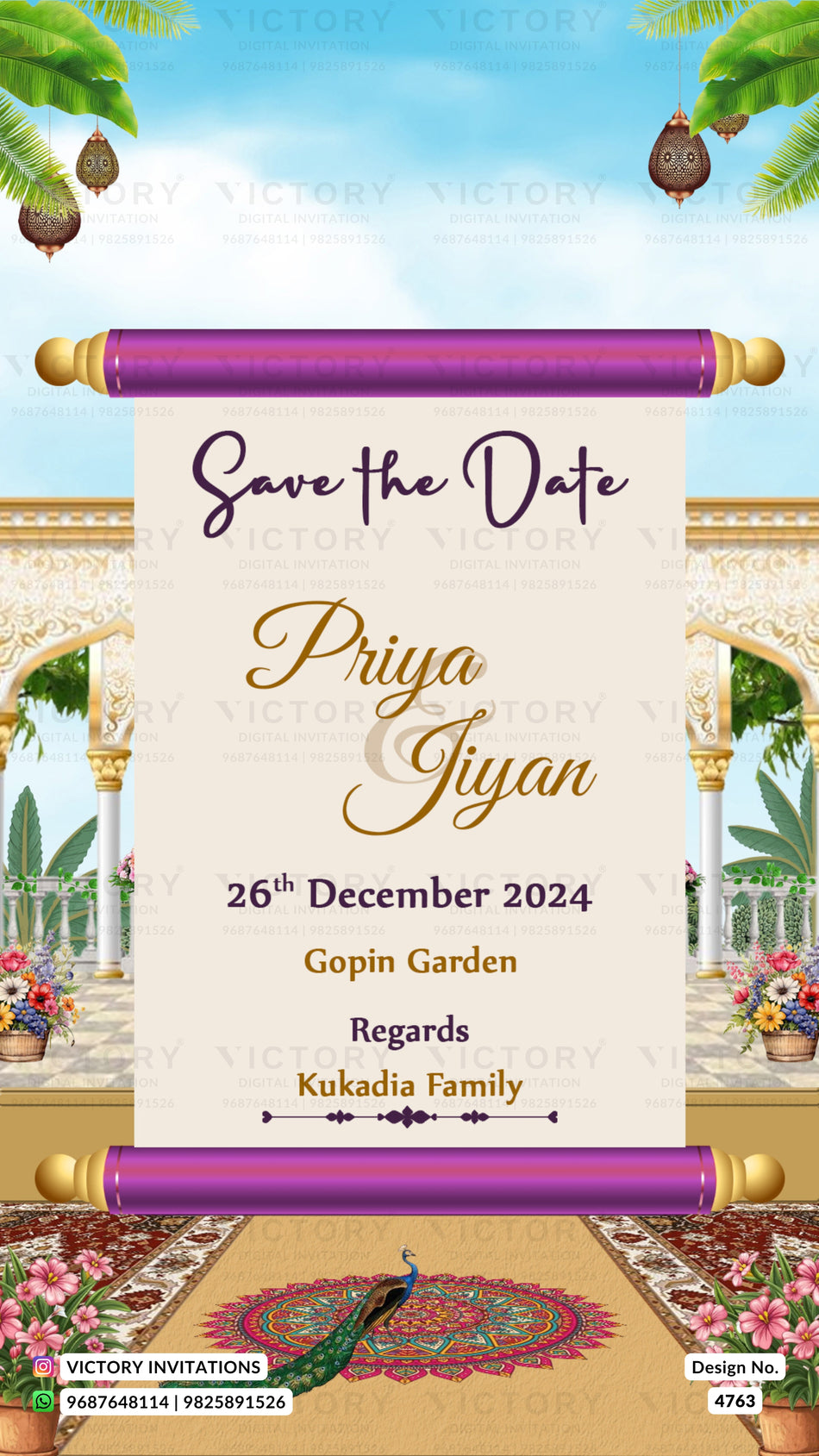 A digital 'Save the Date' invitation card featuring a purple and gold decorative scroll design. The central cream-colored scroll displays the text 'Save the Date', 'Priya & Jiyan', '26th December 2024', 'Gopin Garden', and 'Regards, Kukadia Family' in elegant fonts.