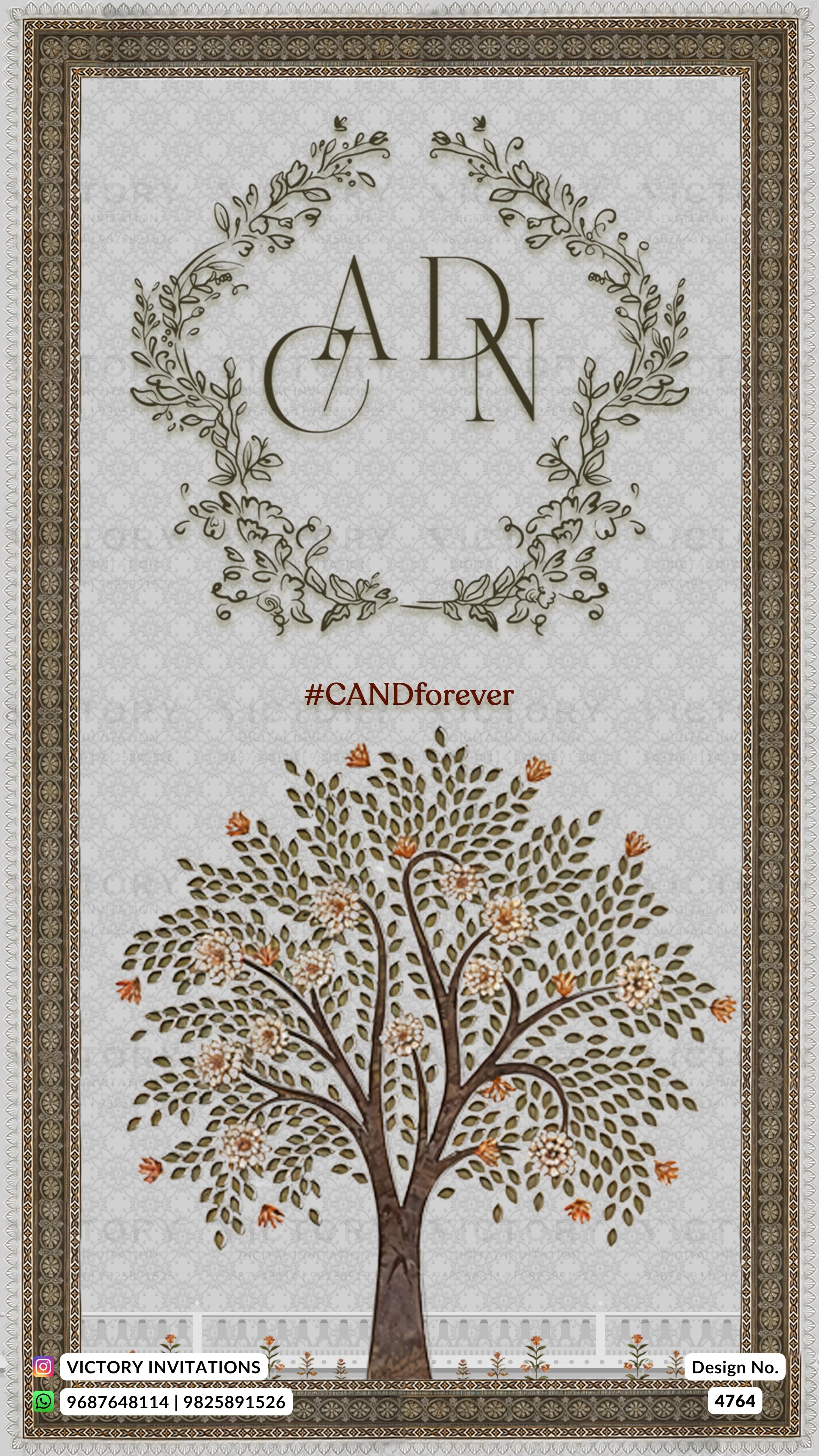 A square wedding invitation card design featuring a decorative botanical wreath with the initials 'C', 'A', and 'N' at the top, the hashtag '#CANDforever' in the center, and an illustrated tree with brown branches and orange leaves at the bottom. The card has a textured light gray background and a dark brown ornate border.