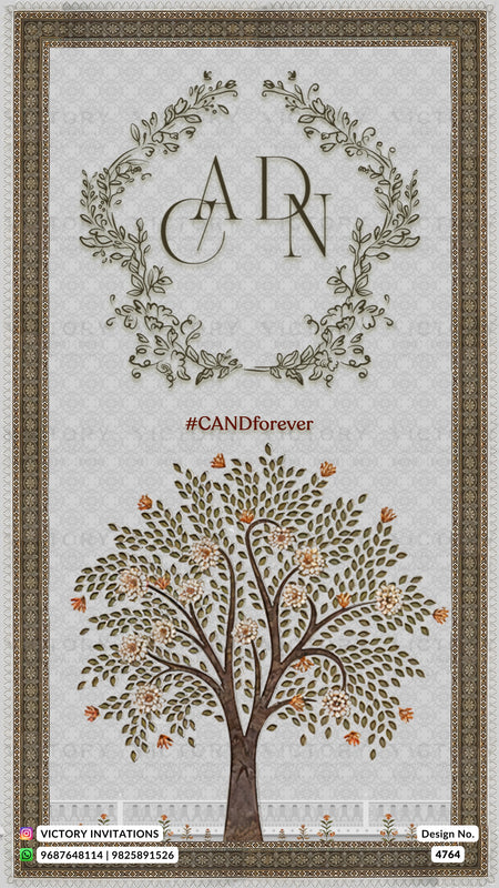 A square wedding invitation card design featuring a decorative botanical wreath with the initials 'C', 'A', and 'N' at the top, the hashtag '#CANDforever' in the center, and an illustrated tree with brown branches and orange leaves at the bottom. The card has a textured light gray background and a dark brown ornate border.