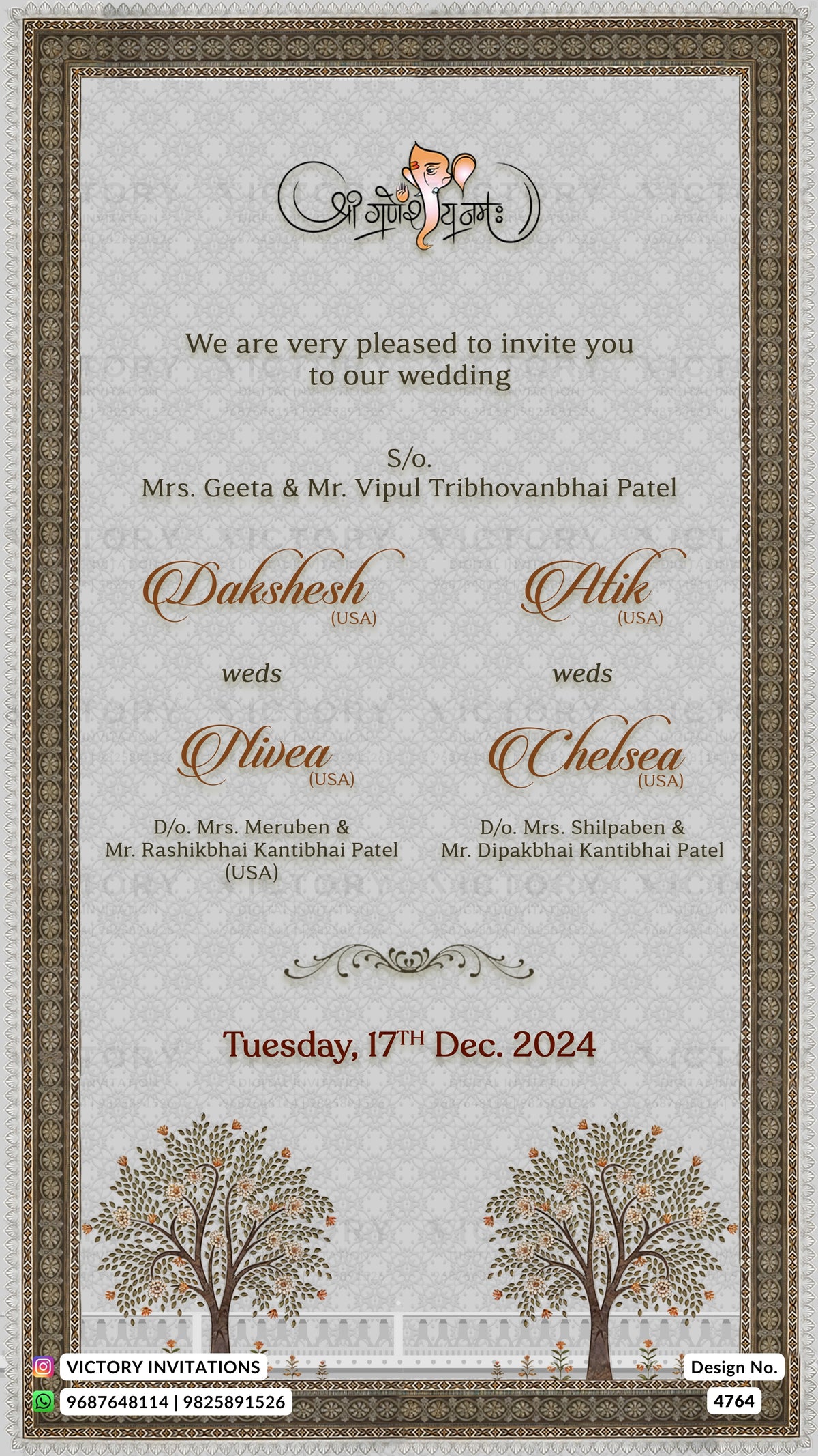 A wedding invitation card from Victory Invitations featuring a traditional Indian theme. The card has a light gray damask pattern background, a wide ornate brown border, and elegant script text inviting guests to the wedding of Mrs.