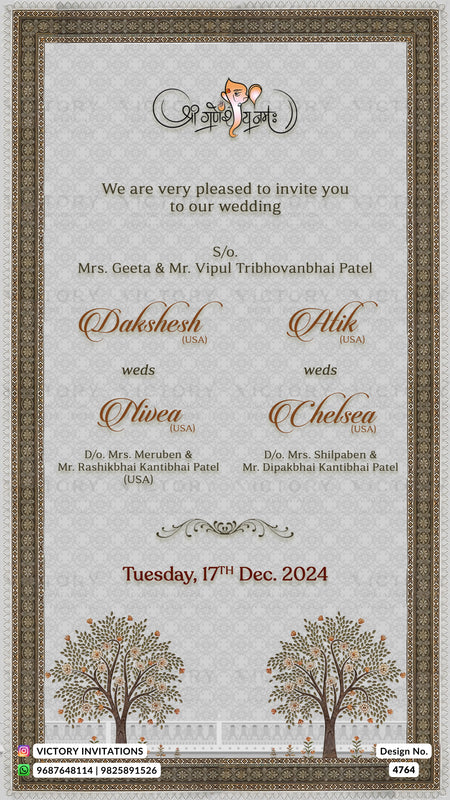 A wedding invitation card from Victory Invitations featuring a traditional Indian theme. The card has a light gray damask pattern background, a wide ornate brown border, and elegant script text inviting guests to the wedding of Mrs.