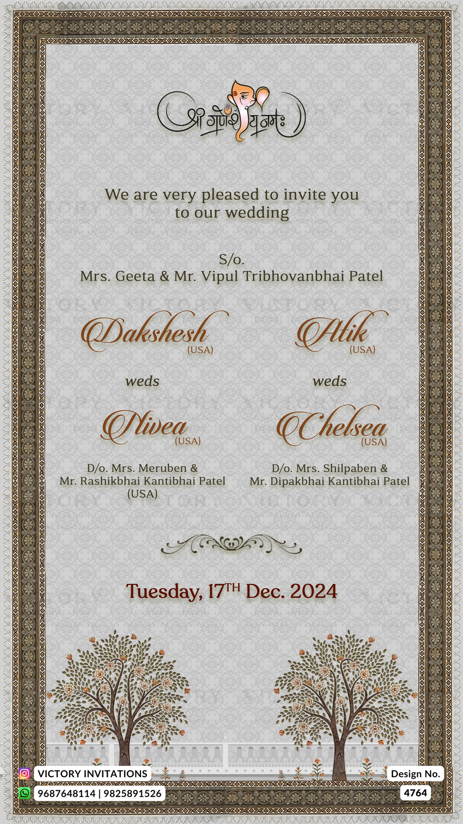A wedding invitation card from Victory Invitations featuring a traditional Indian theme. The card has a light gray damask pattern background, a wide ornate brown border, and elegant script text inviting guests to the wedding of Mrs.