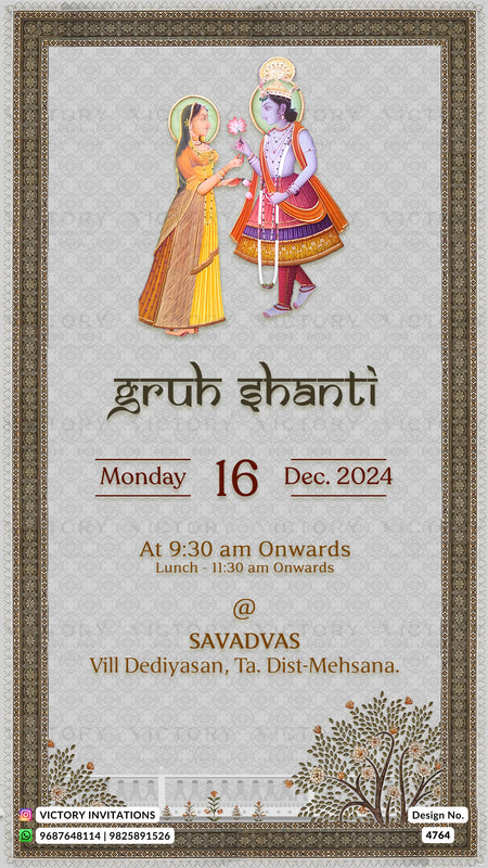 A festive invitation card design for 'Gruh Shanti' dated Monday 16 Dec. 2024, featuring traditional Indian illustrations of a woman and a child at the top and decorative tree motifs at the bottom, set against a textured gray background with a gold ornate border.