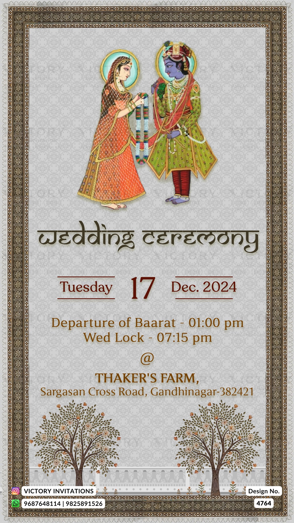 A wedding invitation card featuring an illustration of Radha Krishna at the top, with event details for a wedding ceremony on Tuesday 17 Dec. 2024 at Thaker's Farm, Sargasan Cross Road, Gandhinagar-382421.
