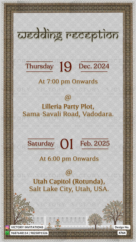 A wedding reception invitation card with a textured light gray background and an ornate brown border. The text details two event dates: Thursday, December 19, 2024, and Saturday, February 01, 2025, with venue addresses in Vadodara and Salt Lake City, Utah.