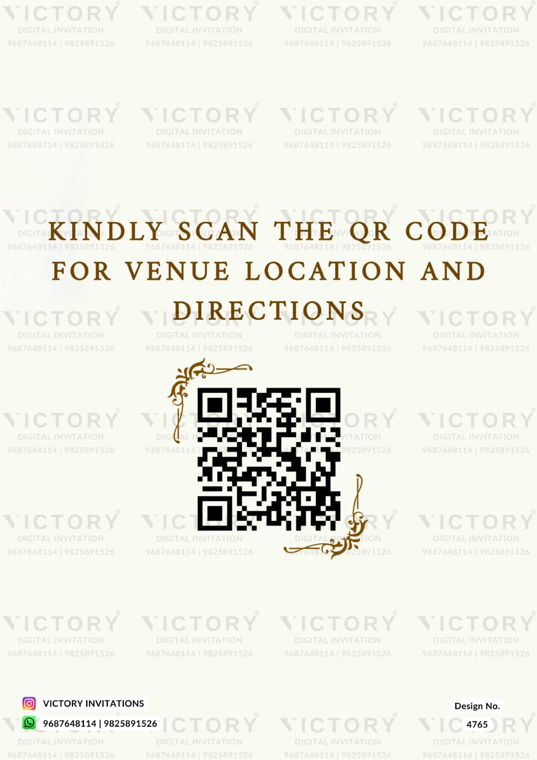 A digital invitation card with a light cream background, featuring the text 'KINDLY SCAN THE QR CODE FOR VENUE LOCATION AND DIRECTIONS.' in brown above a black-and-white QR code.
