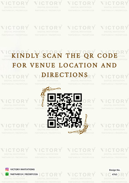 A digital invitation card with a light cream background, featuring the text 'KINDLY SCAN THE QR CODE FOR VENUE LOCATION AND DIRECTIONS.' in brown above a black-and-white QR code.