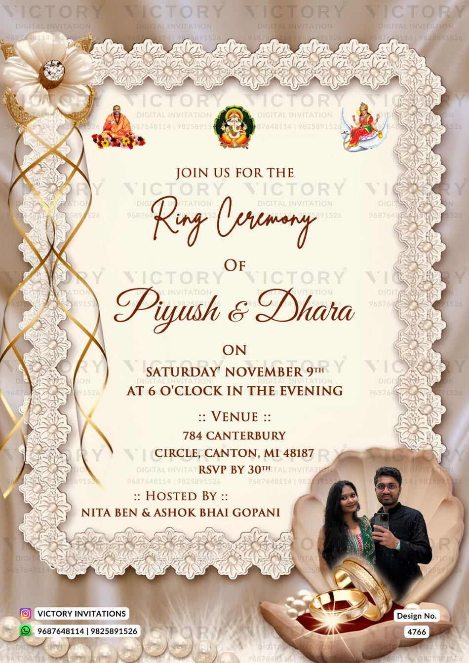 Engagement ceremony invitation card in english language with flowers, ring as vintage theme design 4766