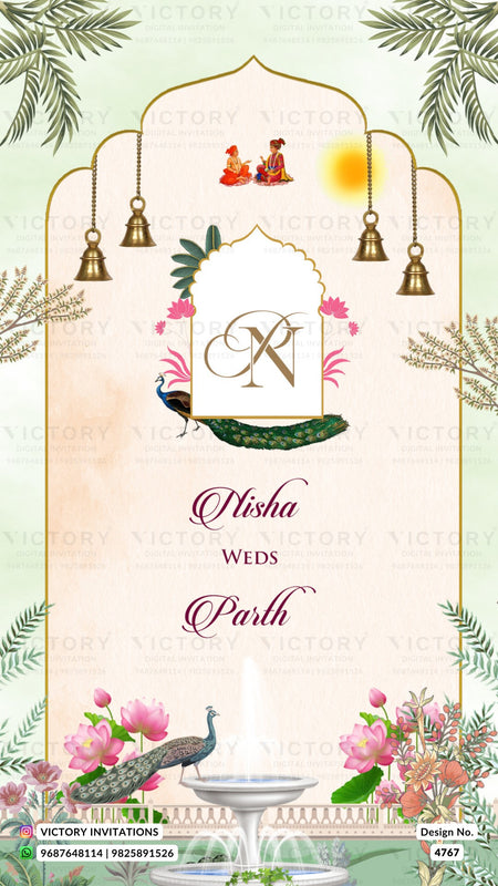 A decorative wedding invitation card design with an arched frame, hanging bells, peacocks, pink flowers, and the text 'Nisha Weds Parth' on a soft cream background.