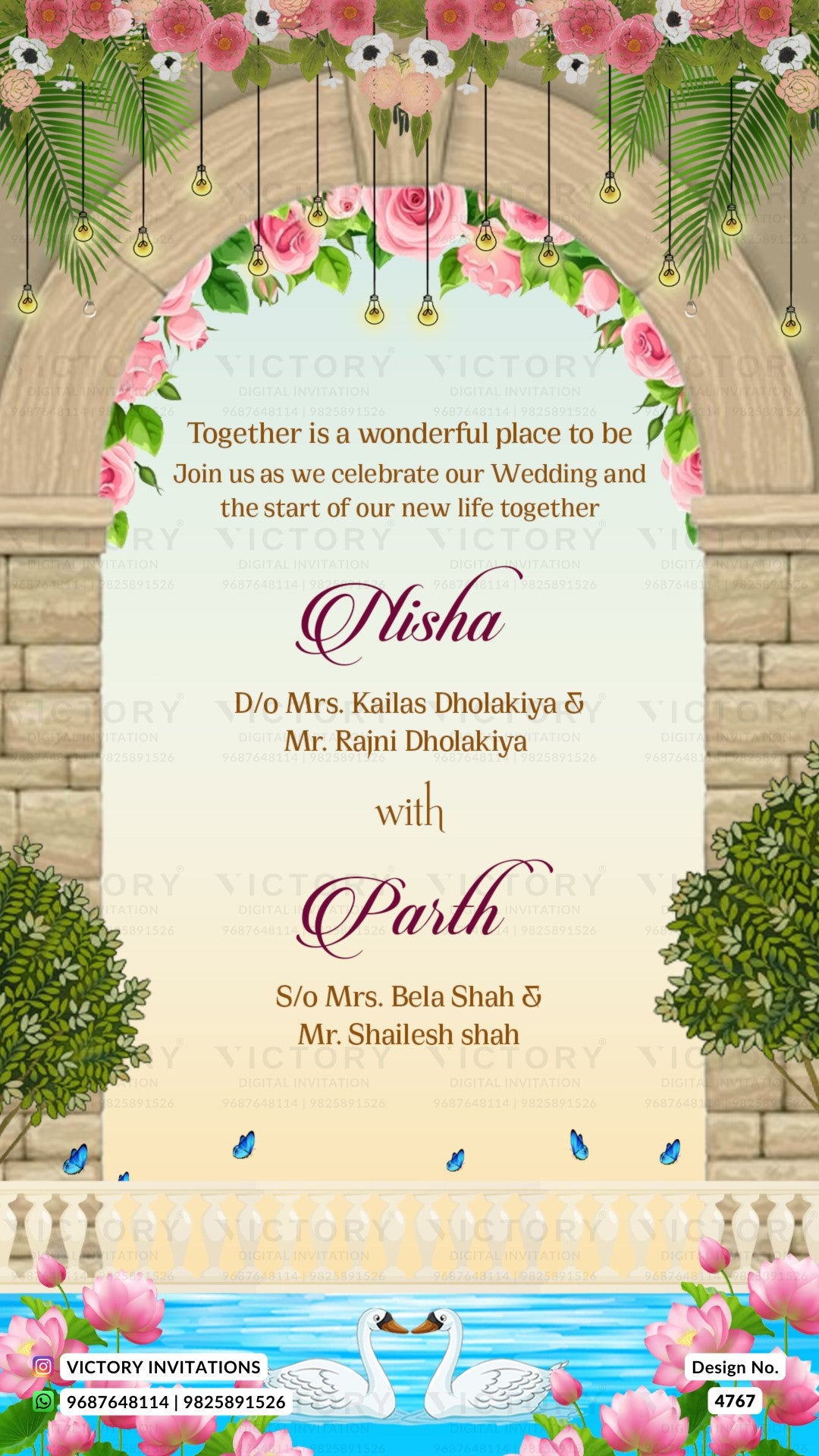 A digital wedding invitation card design featuring a cream central panel with elegant dark red script text, framed by a floral arch of pink roses and green leaves, hanging gold string lights, a stone wall background, and a blue water/swan motif at the bottom.