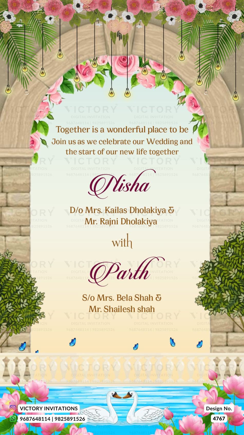 A digital wedding invitation card design featuring a cream central panel with elegant dark red script text, framed by a floral arch of pink roses and green leaves, hanging gold string lights, a stone wall background, and a blue water/swan motif at the bottom.