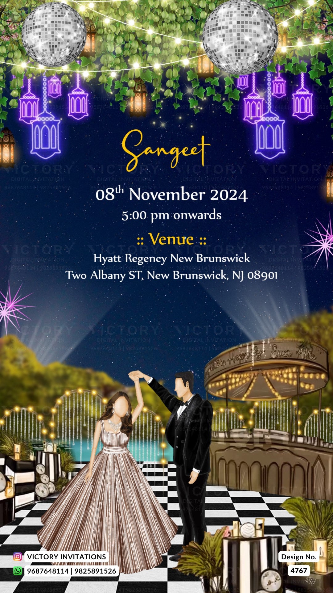 A festive wedding invitation card for 'Sangeet' featuring a dark blue background with glowing string lights, hanging lanterns, disco balls, and a romantic scene of a bride and groom dancing under a gazebo.