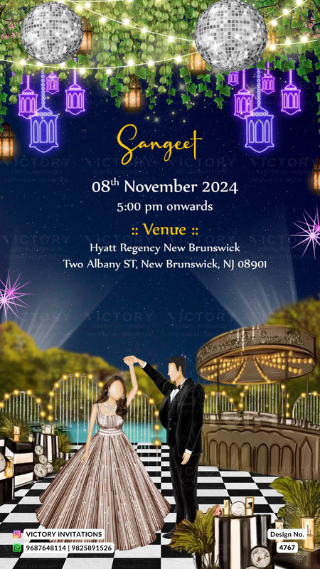 A festive wedding invitation card for 'Sangeet' featuring a dark blue background with glowing string lights, hanging lanterns, disco balls, and a romantic scene of a bride and groom dancing under a gazebo.