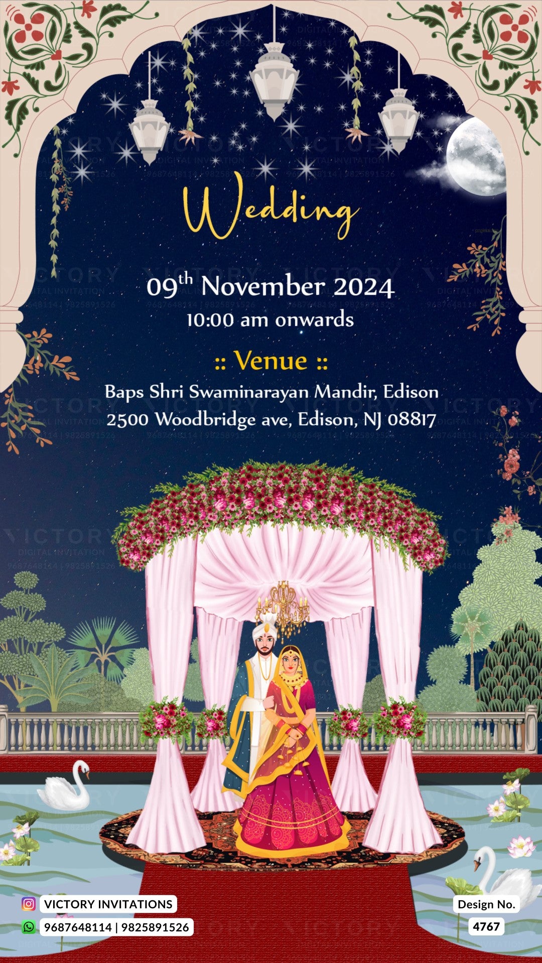 A digital wedding invitation card featuring a traditional Indian wedding scene. The top portion has a dark blue night sky with hanging lanterns, stars, and a crescent moon, with the word 'Wedding' in gold script and event details in white.