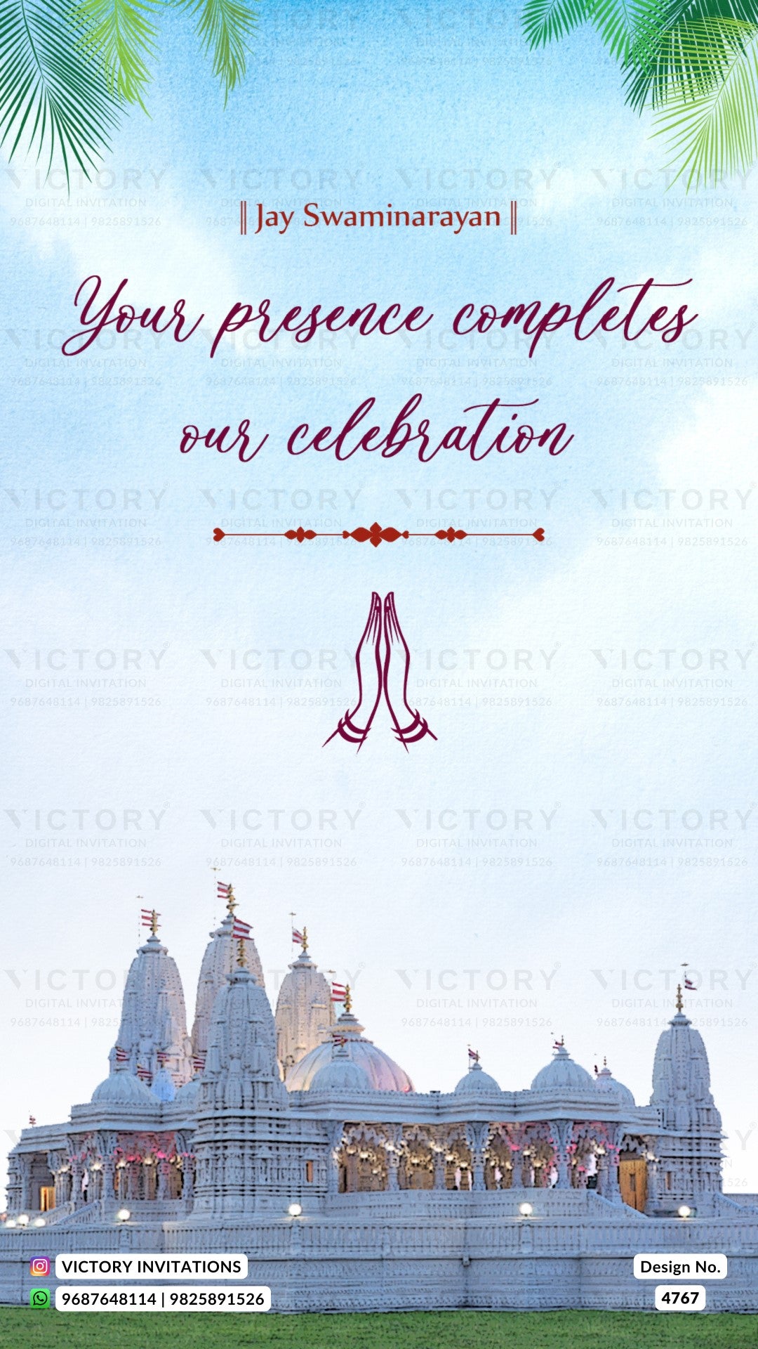 A digital Hindu wedding invitation card featuring a photograph of a white Hindu temple at the bottom, a blue sky background with palm leaves at the top, and elegant text reading 'Your presence completes our celebration' by Jay Swaminarayan.