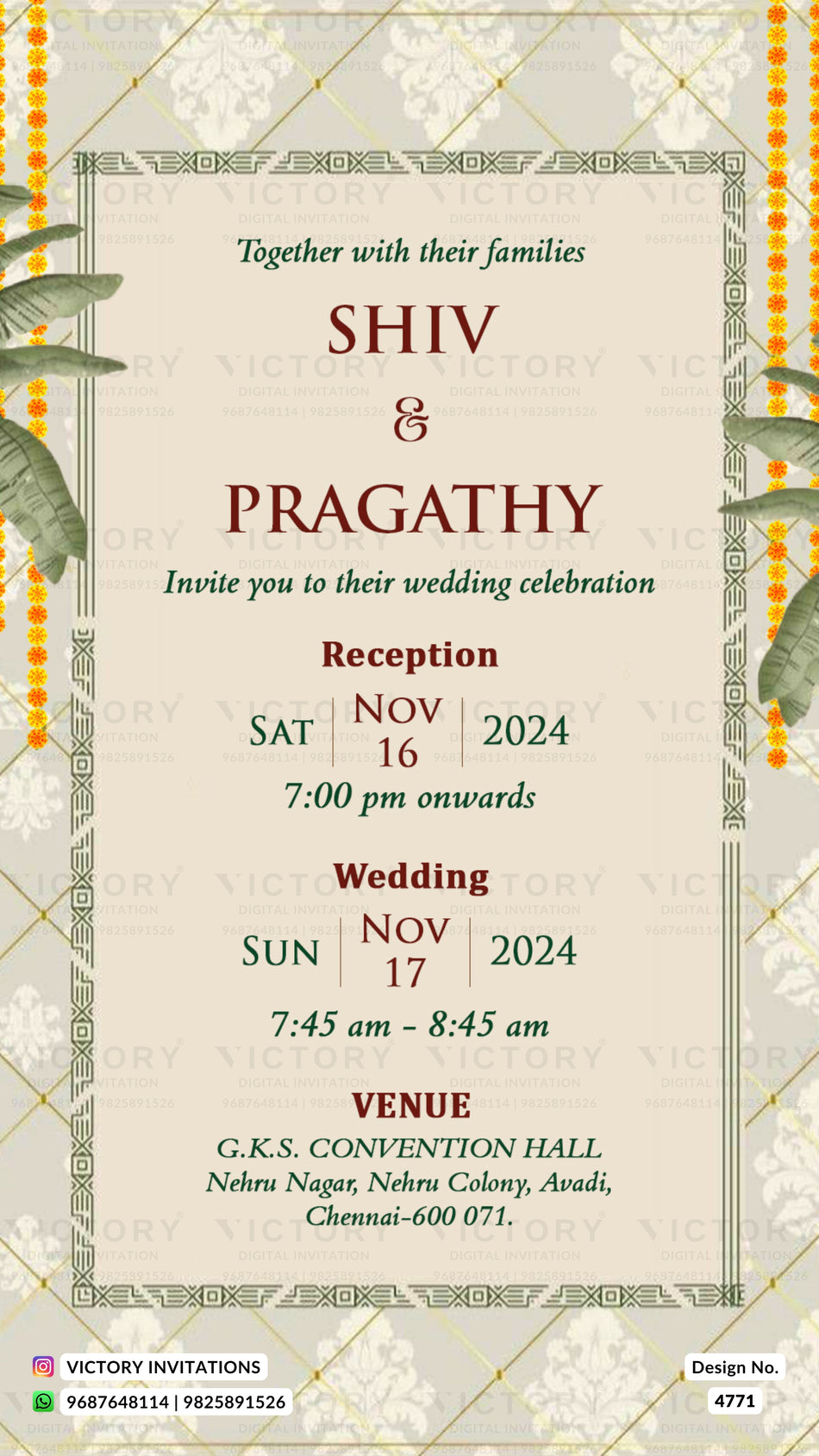 A wedding invitation card for Shiv & Pragathy, featuring a beige background with traditional Indian border designs, green leaves, and red and green text detailing the reception and wedding event at G.K.