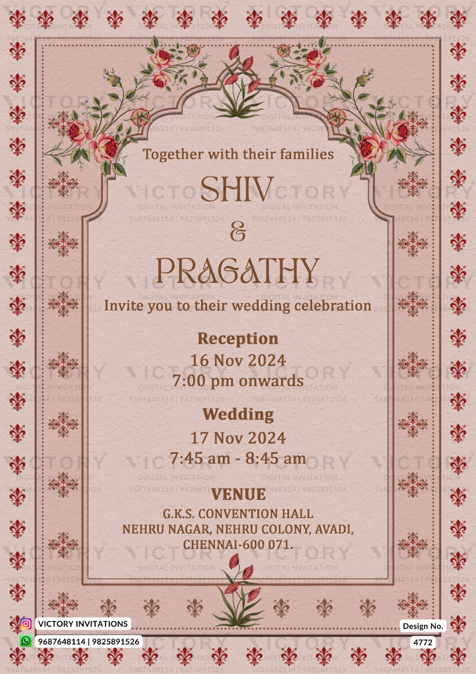 Wedding ceremony invitation card of hindu south indian tamil family in english language with vintage theme design 4772