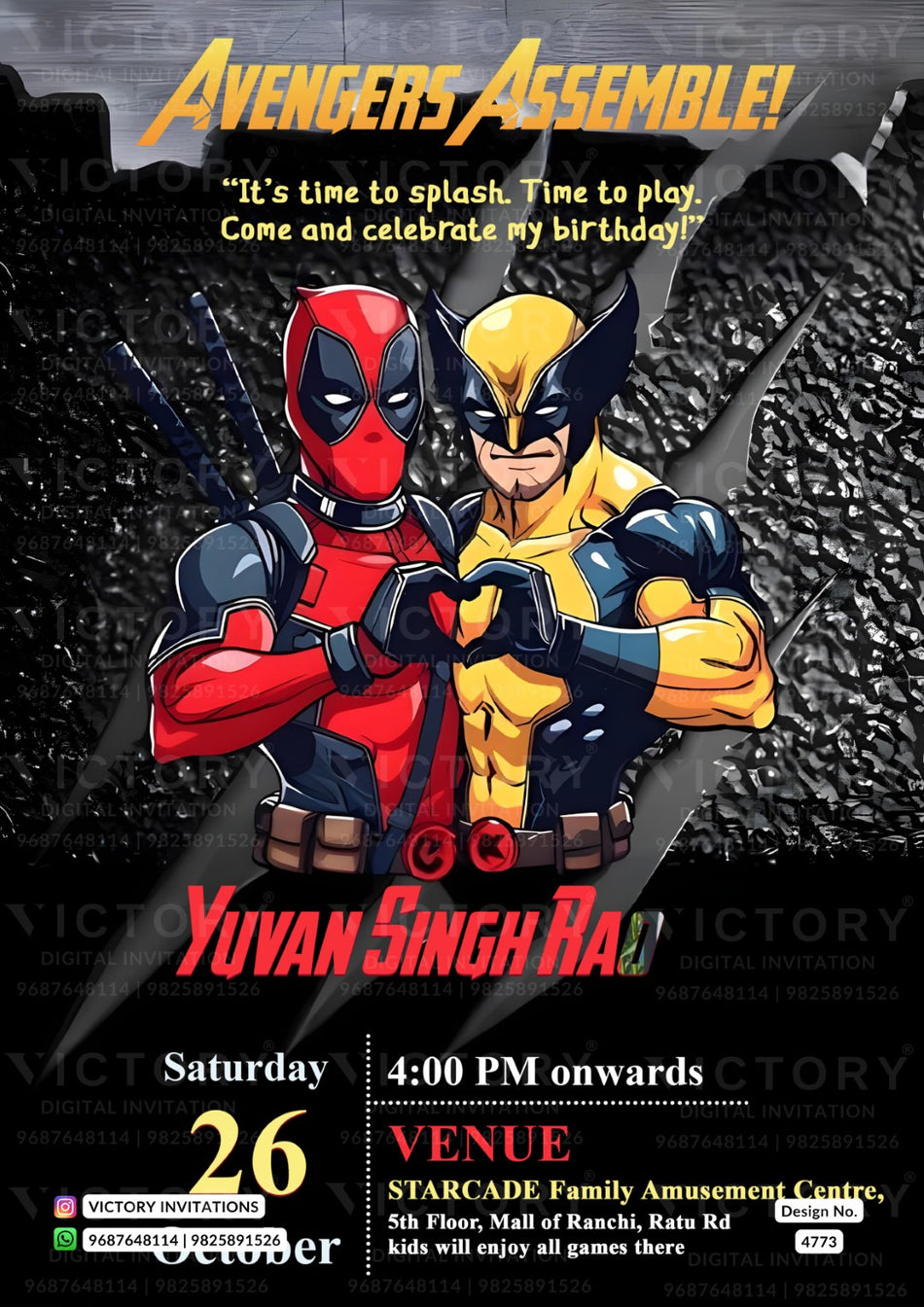 A digital invitation card for a Deadpool and Wolverine birthday party, featuring the characters in their classic red and yellow costumes, with the text 'AVENGERS ASSEMBLE!' and event details for Yuvan Singh Rai.