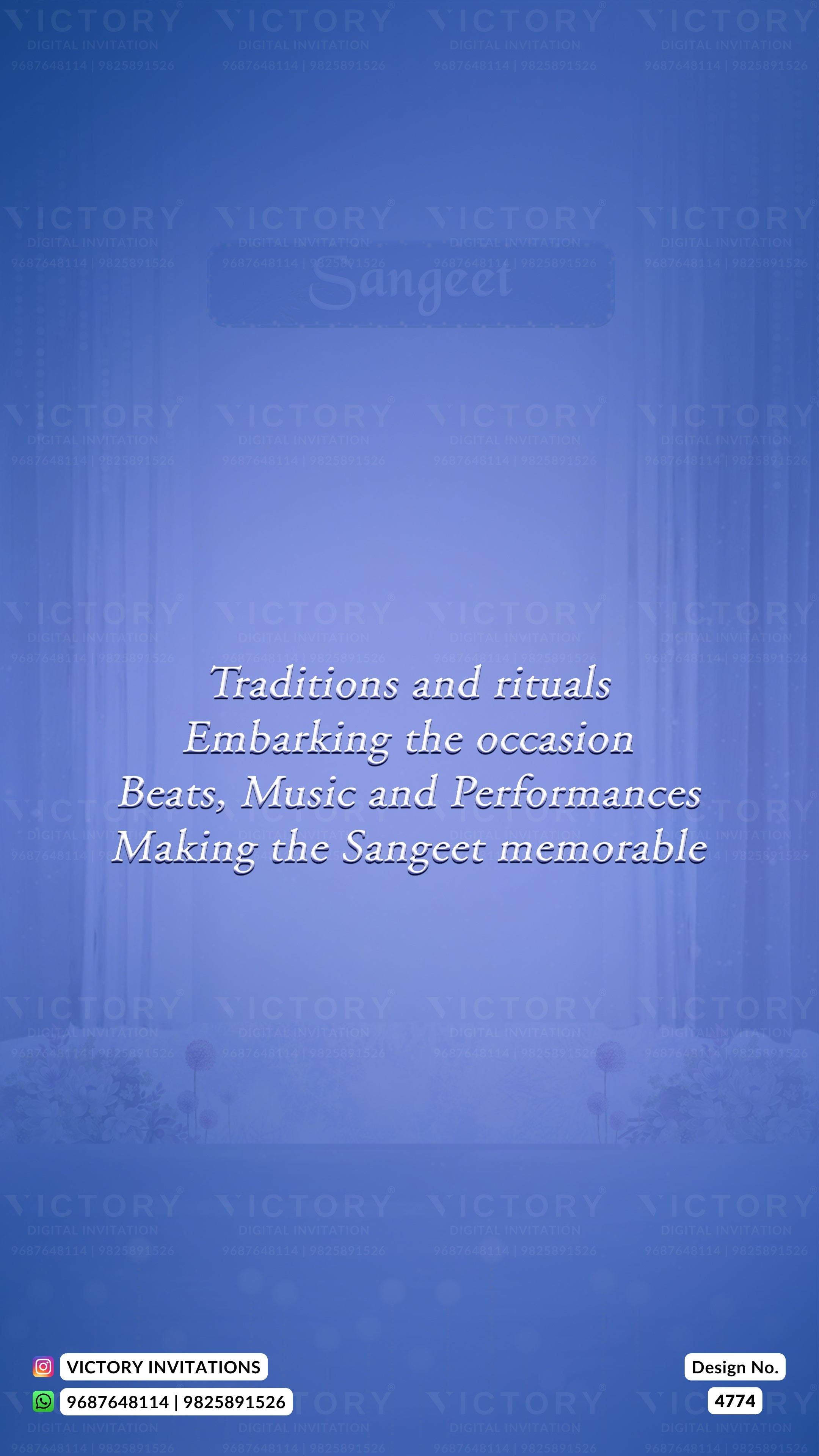 Blue digital invitation card design with white text reading 'Traditions and rituals Embarking the occasion Beats, Music and Performances Making the Sangeet memorable' and faint repeated 'VICTORY' watermarks across the background.