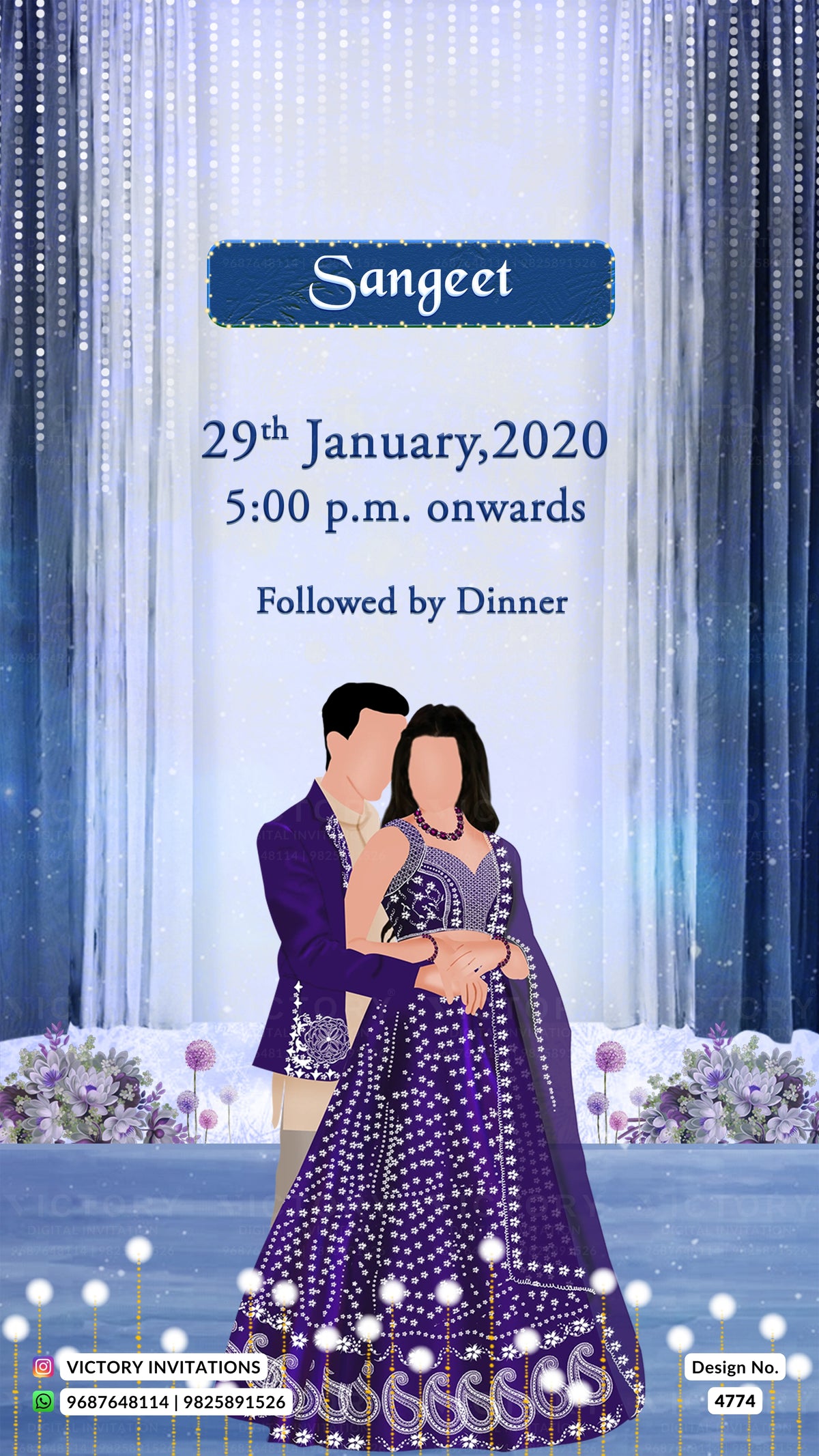Digital Indian wedding invitation card design featuring a couple in traditional purple and silver attire against a decorated stage backdrop with hanging lights. The text reads 'Sangeet 29th January,2020 5:00 p.