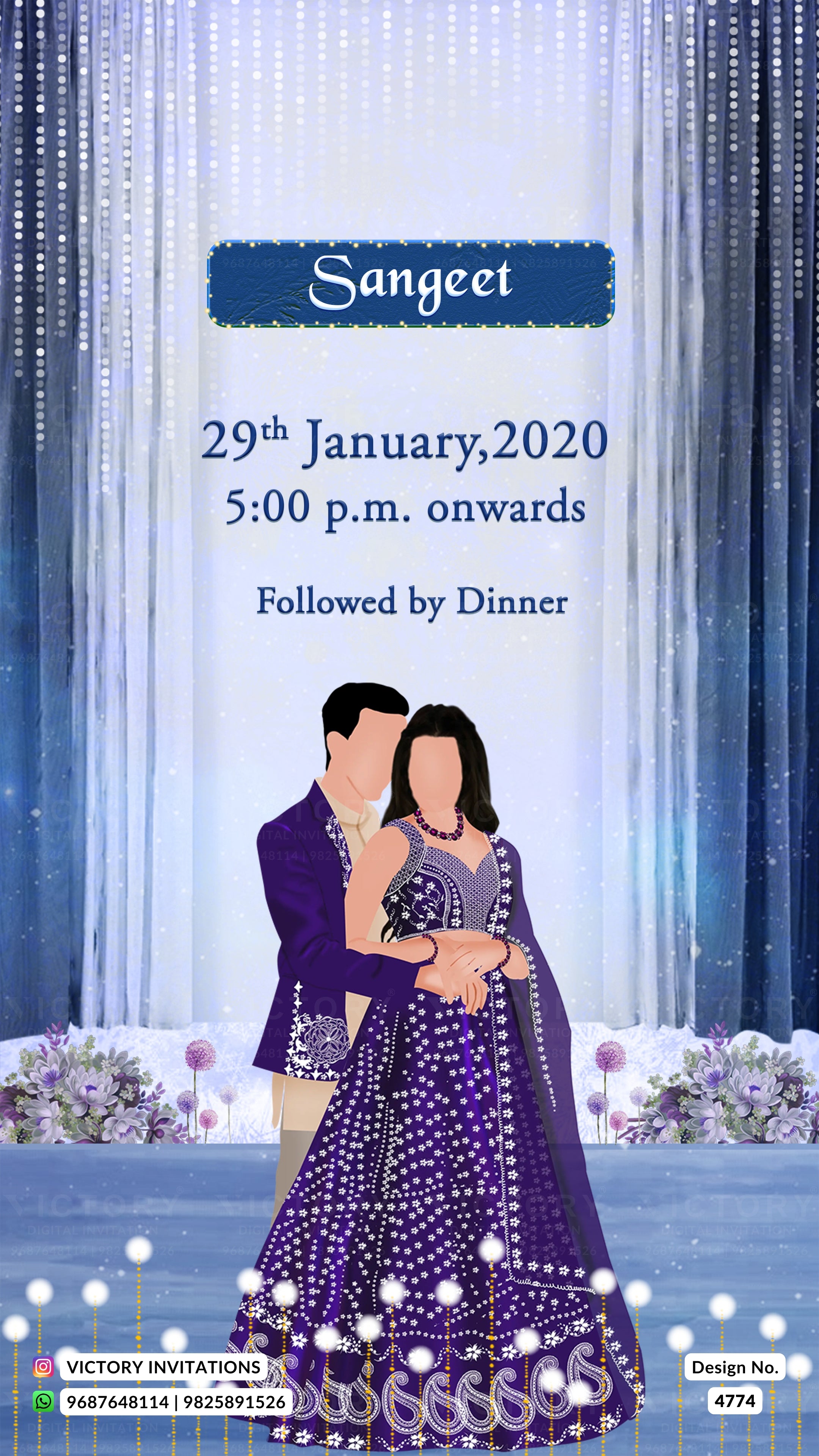 Digital Indian wedding invitation card design featuring a couple in traditional purple and silver attire against a decorated stage backdrop with hanging lights. The text reads 'Sangeet 29th January,2020 5:00 p.