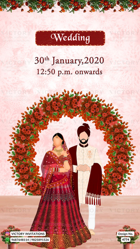 A digital wedding invitation card design featuring an illustrated bride and groom standing under a large red floral arch. The text at the top reads 'Wedding' with the date '30th January,2020' and time '12:50 p.