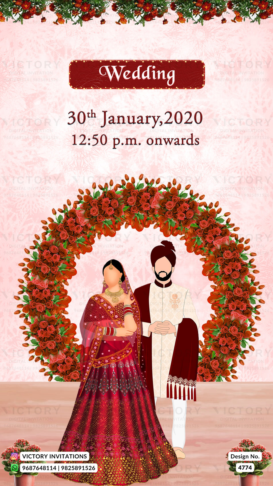 A digital wedding invitation card design featuring an illustrated bride and groom standing under a large red floral arch. The text at the top reads 'Wedding' with the date '30th January,2020' and time '12:50 p.