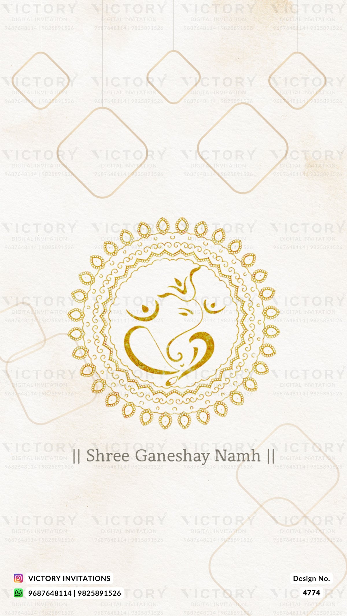 A digital invitation card design featuring a golden Ganesha mandala in the center on a textured cream background, with the text '|| Shree Ganeshay Namh ||' below it. The brand 'Victory Invitations' is watermarked across the image.