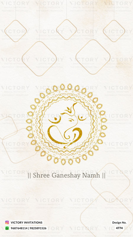 A digital invitation card design featuring a golden Ganesha mandala in the center on a textured cream background, with the text '|| Shree Ganeshay Namh ||' below it. The brand 'Victory Invitations' is watermarked across the image.
