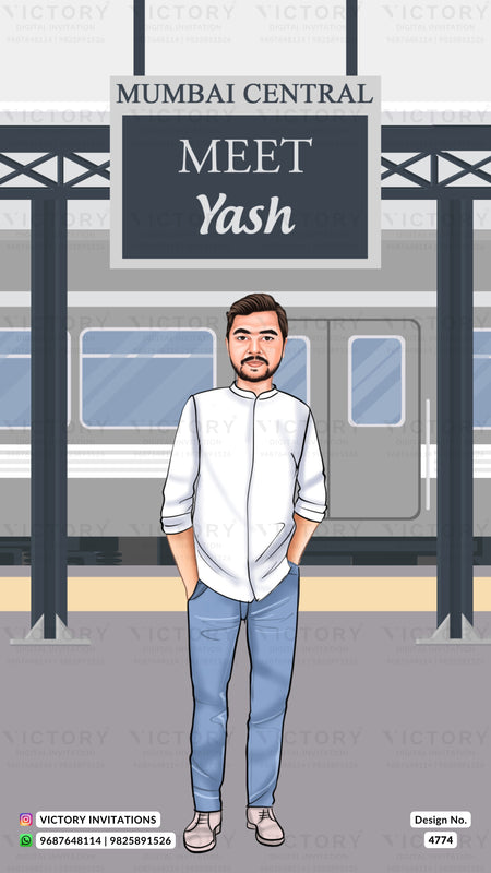 A digital illustration of a man standing on a train platform at Mumbai Central, with a sign reading 'MEET Yash' and a train in the background. The man is wearing a white shirt and blue jeans.