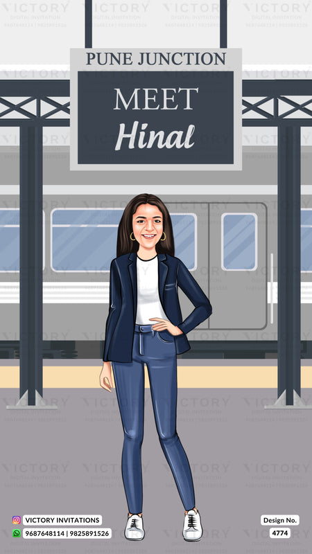 A stylized vector illustration of a woman standing on a train platform at Pune Junction, wearing a navy blazer, white t-shirt, and blue jeans. A large sign reads 'PUNE JUNCTION MEET Hinal'.