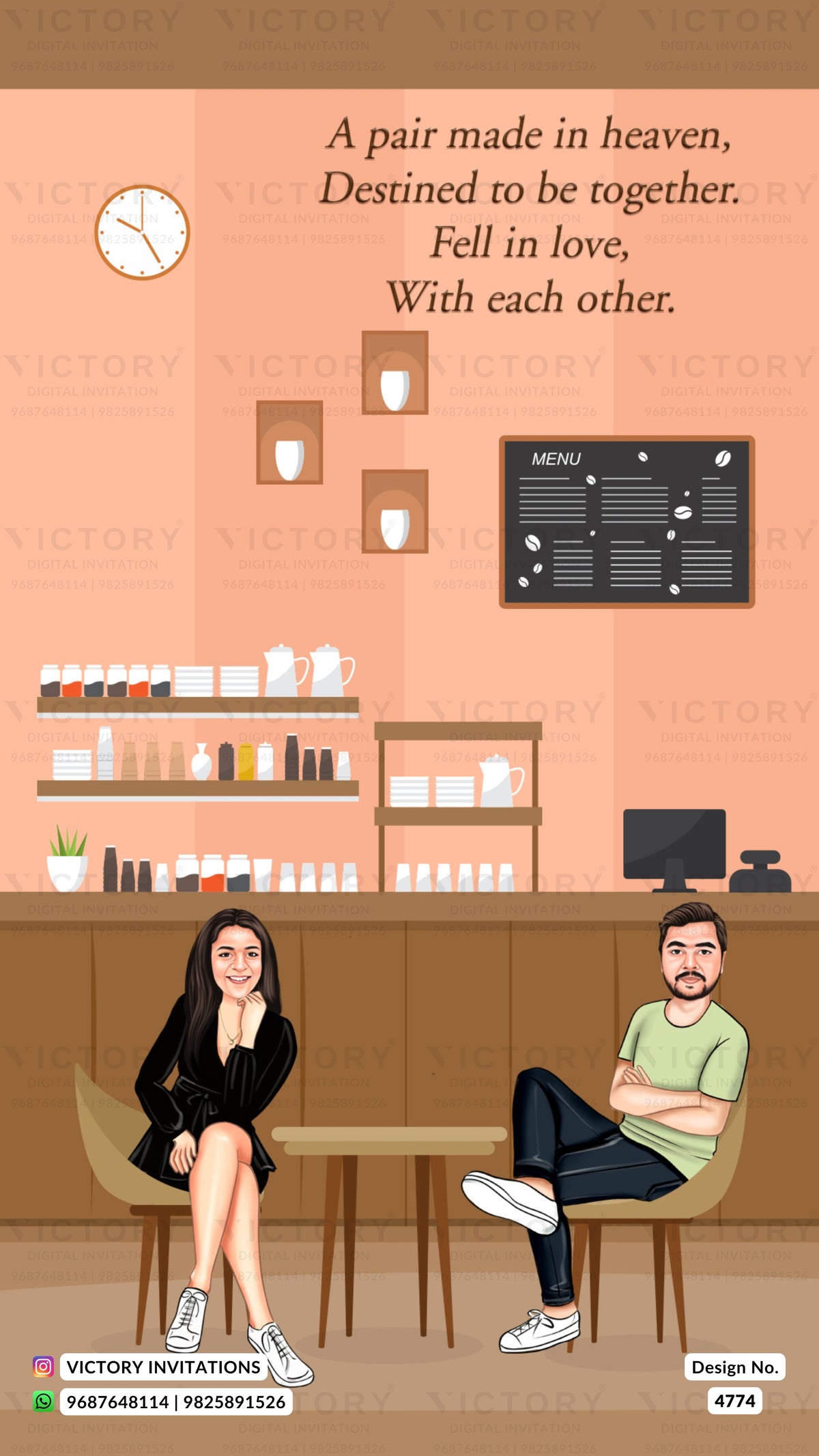 A stylized illustrated cafe scene with a couple seated at a table, shelves of cups and bottles, a menu board, and overlaid romantic text reading, 'A pair made in heaven, Destined to be together. Fell in love, With each other.