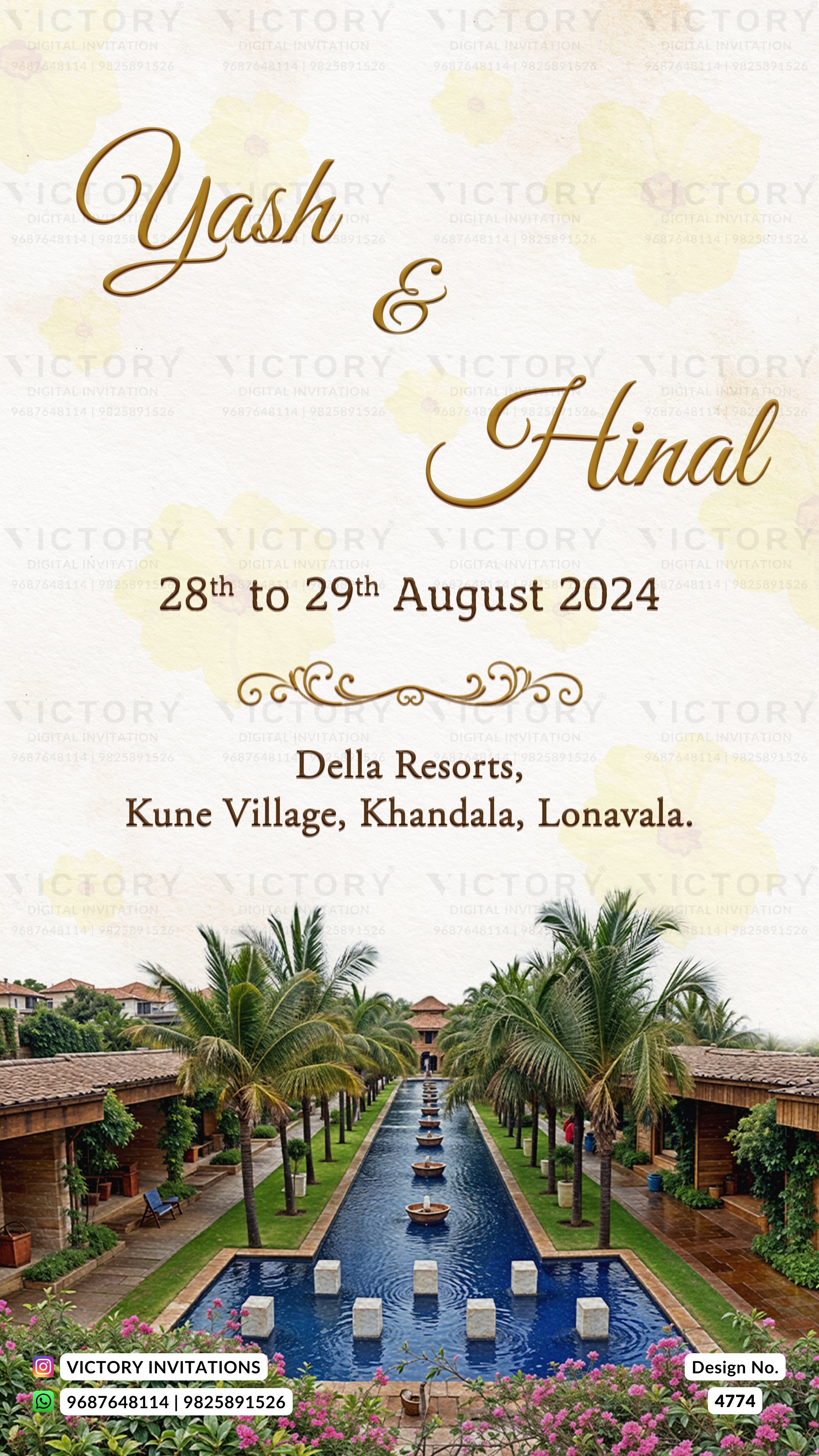A wedding invitation card design featuring the names 'Yash & Hinal' in elegant gold script, with event details for August 28th to 29th, 2024, at Della Resorts. The lower portion showcases a resort pool flanked by palm trees and villas, with 'Victory Invitations' branding at the bottom.
