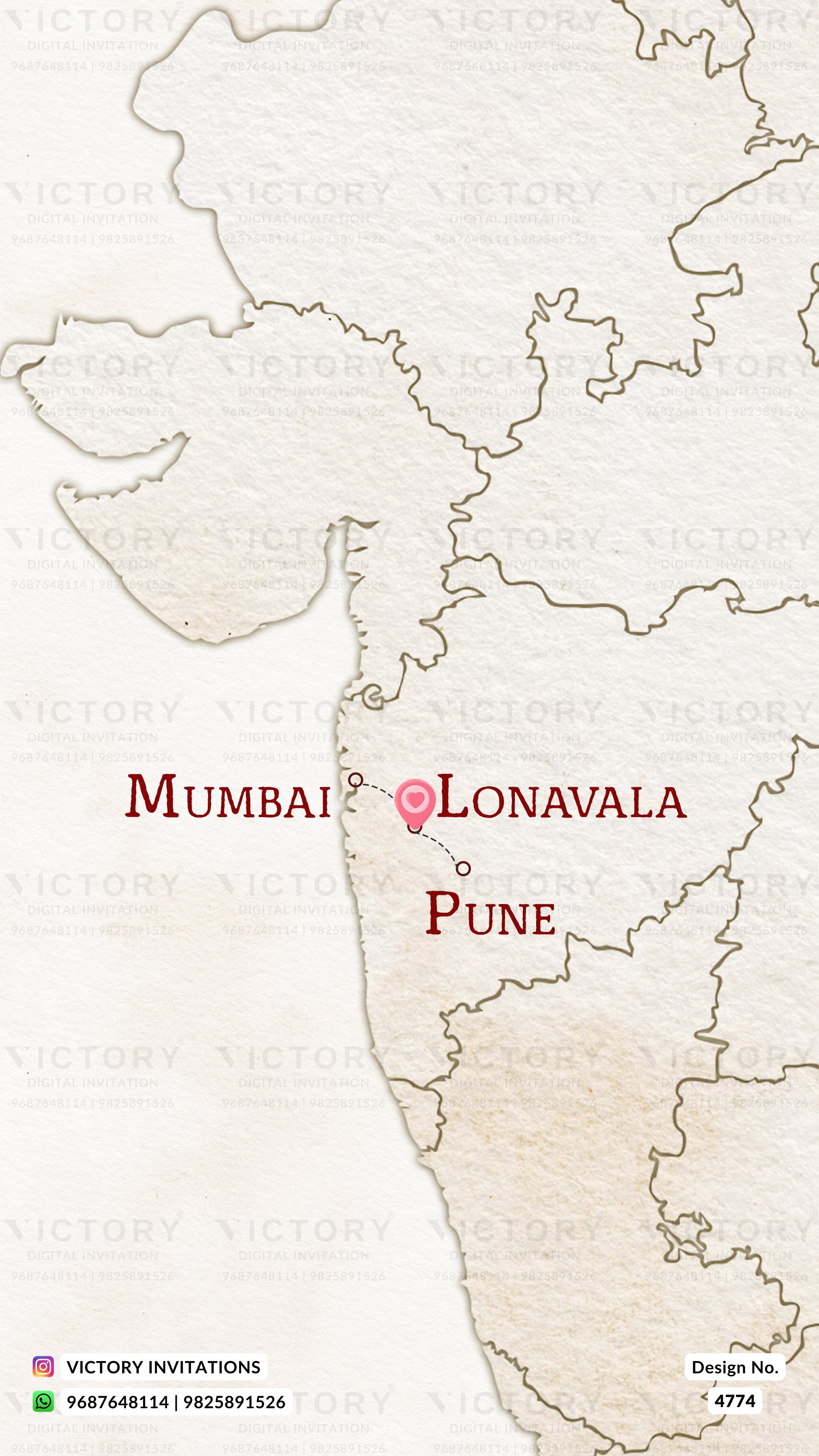 A vintage-style map invitation design featuring the outline of India with Maharashtra highlighted, marking Mumbai and Lonavala with red text and a pink pin. The map has a textured, aged beige paper look with faint repeating 'VICTORY' watermarks.