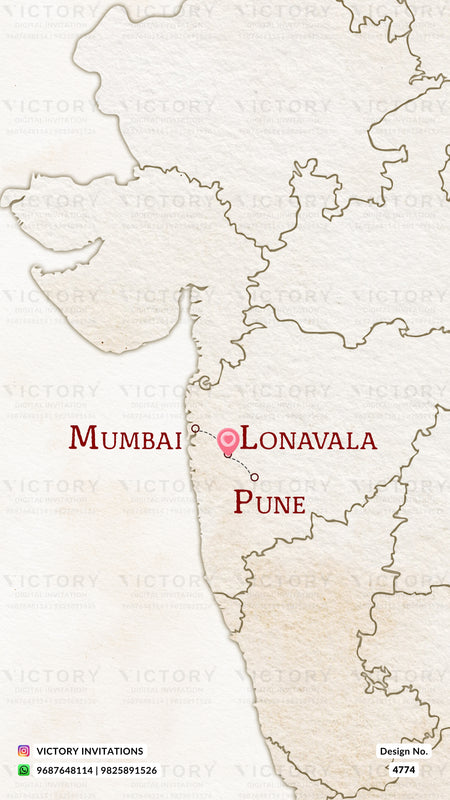 A vintage-style map invitation design featuring the outline of India with Maharashtra highlighted, marking Mumbai and Lonavala with red text and a pink pin. The map has a textured, aged beige paper look with faint repeating 'VICTORY' watermarks.
