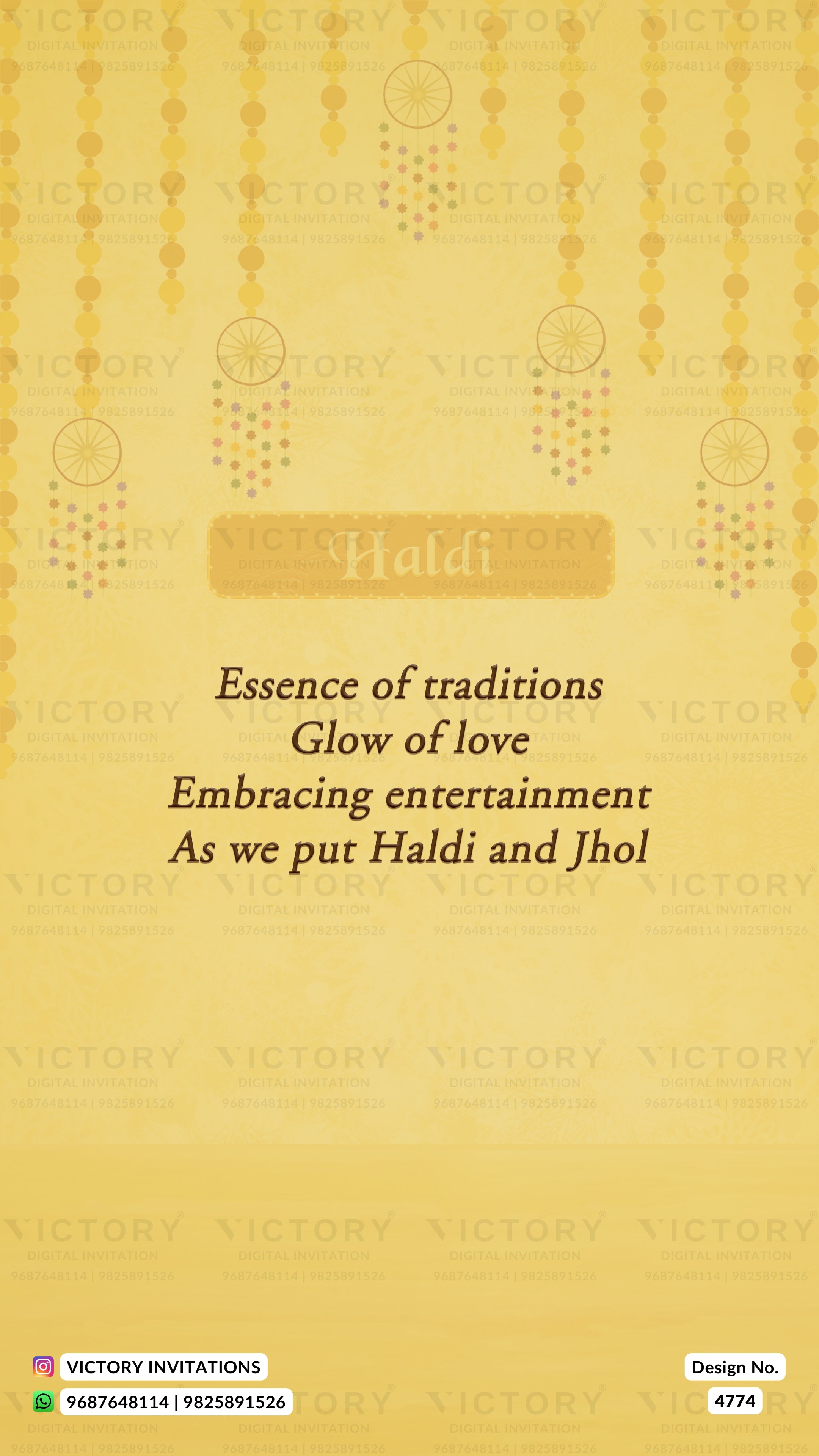 A digital design mockup of a Haldi invitation card featuring a warm yellow-gold background with hanging bead garland patterns and elegant text.