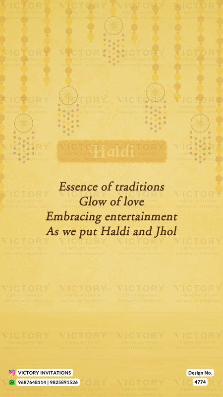 A digital design mockup of a Haldi invitation card featuring a warm yellow-gold background with hanging bead garland patterns and elegant text.