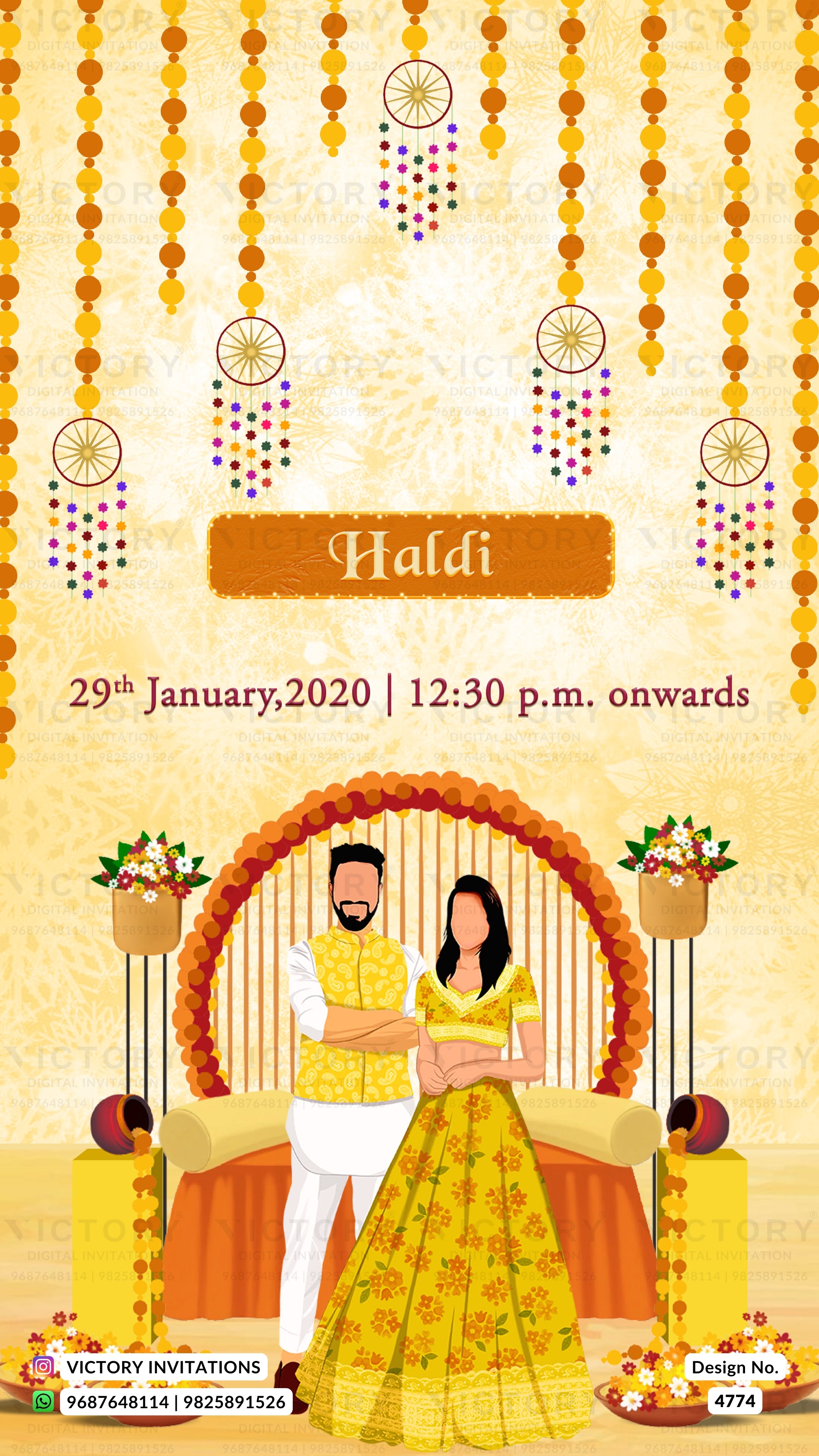 A festive Haldi invitation card design with a warm golden-yellow background, hanging marigold garlands, and an illustrated couple standing under a decorated arch. Text reads 'Haldi' and '29th January,2020 | 12:30 p.